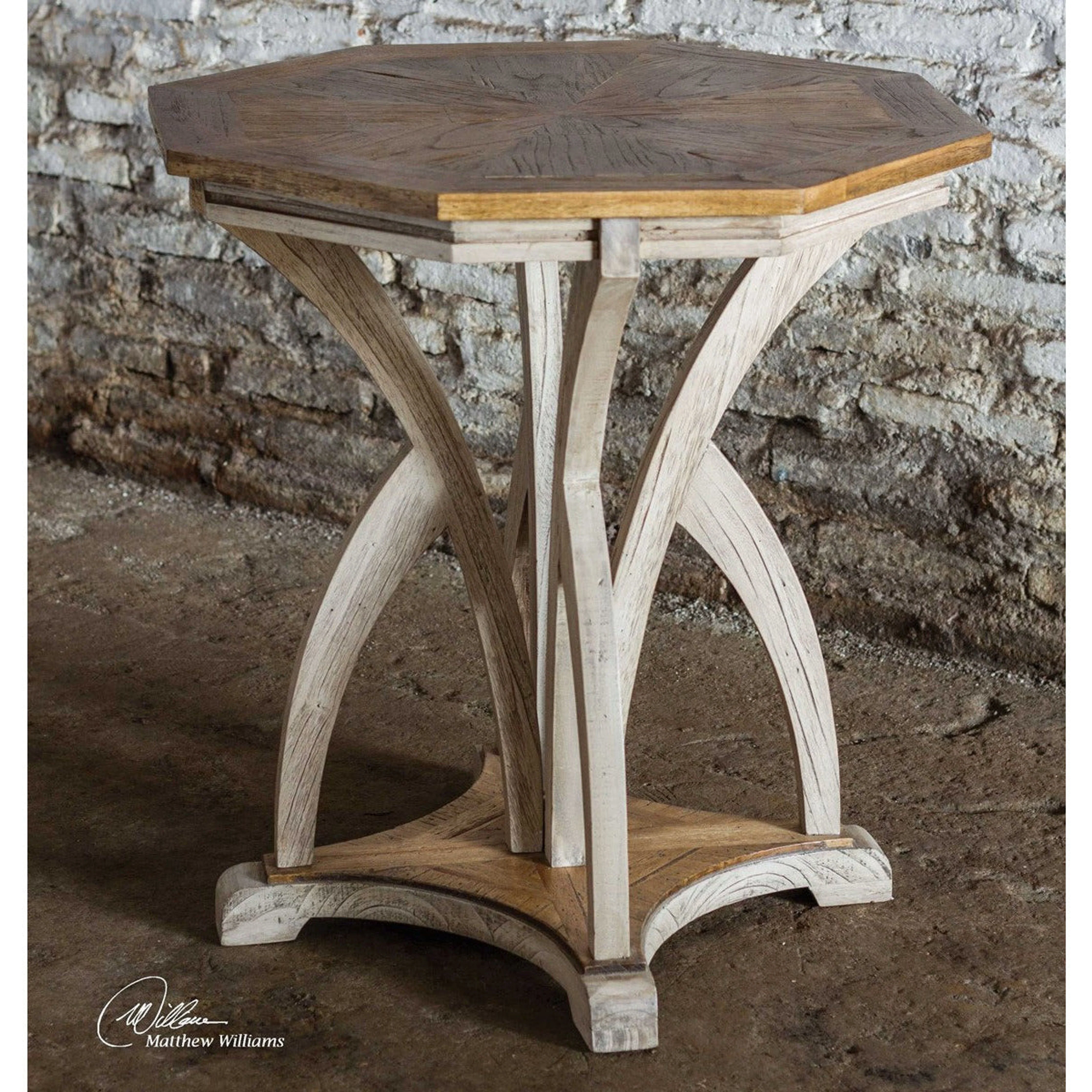 Uttermost Ranen Golden Mango and Aged White Carved Mindi Wood Round Side Table - Image 3