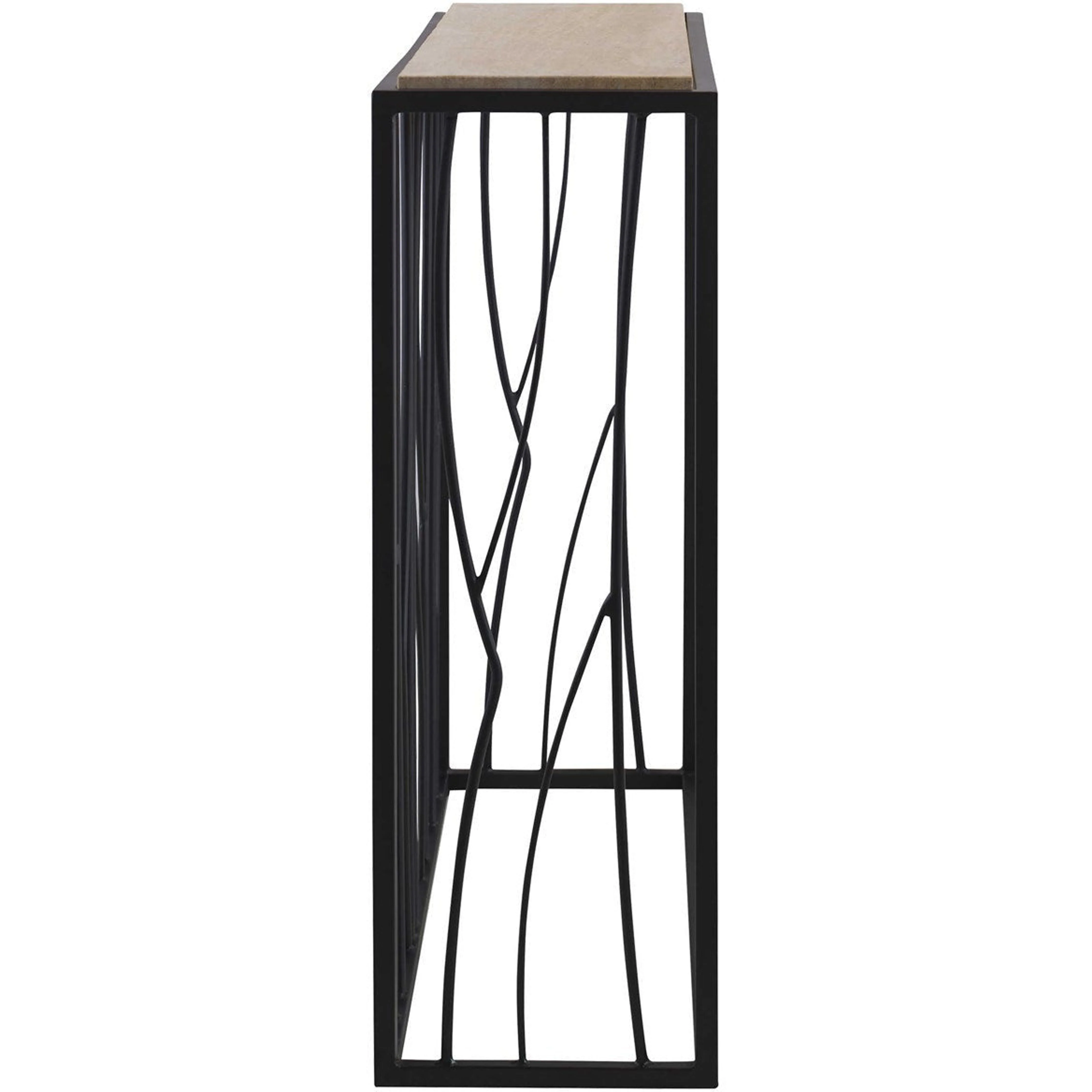 Uttermost Reed Natural Ivory Travertine Top With Asymmetrical Metal Rustic Modern Console Table - Image 4