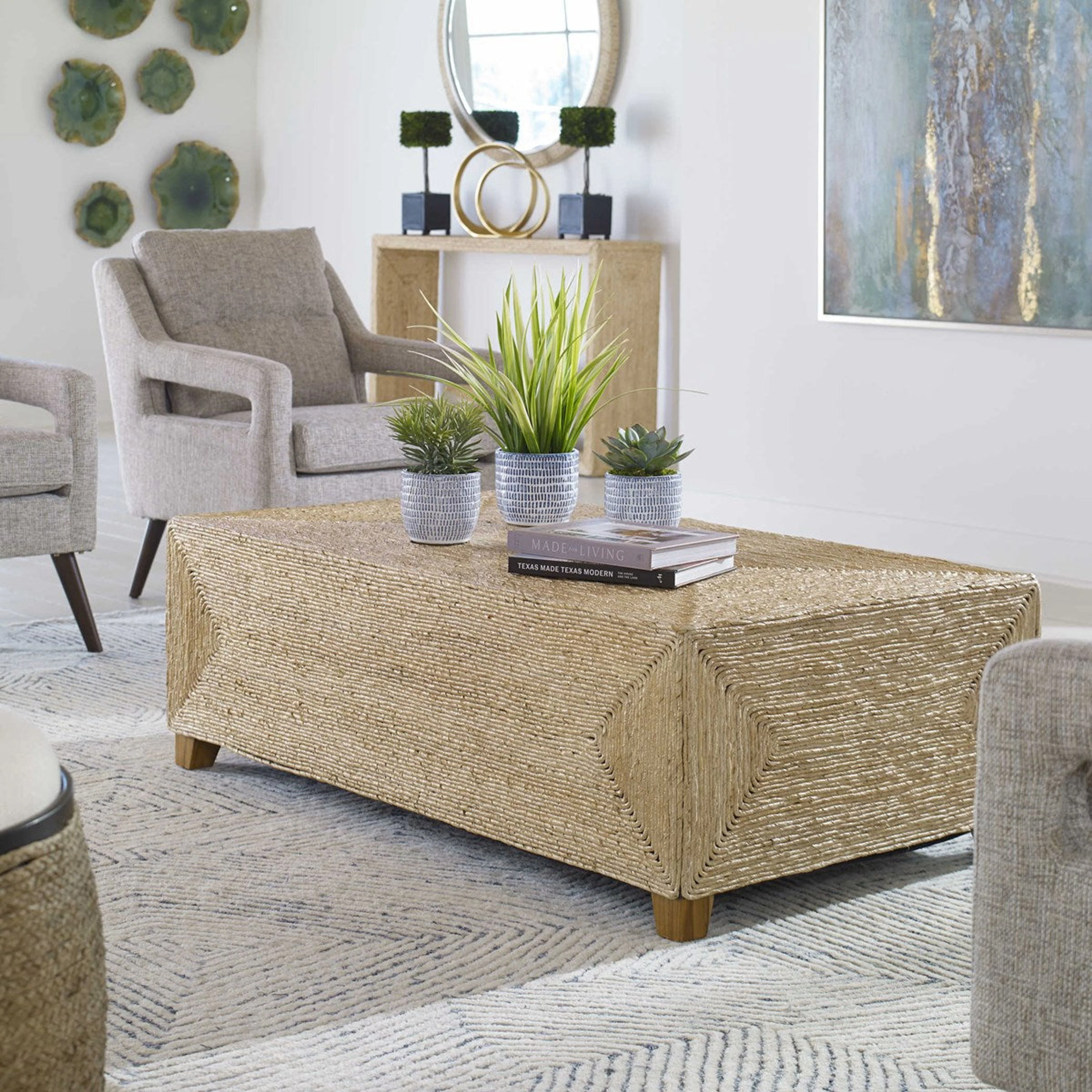Uttermost Rora Natural Woven Banana Plant Wrapped Coastal Style Coffee Table