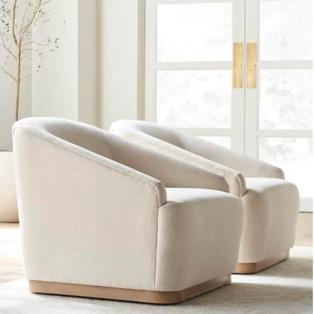 Rowe Furniture Bernie Swivel Chair in Ecru Chenille with Washed Oak Plinth Base~ Limited Quantities for Express Ship ~ ONLY 2 of this version Available! - Image 5