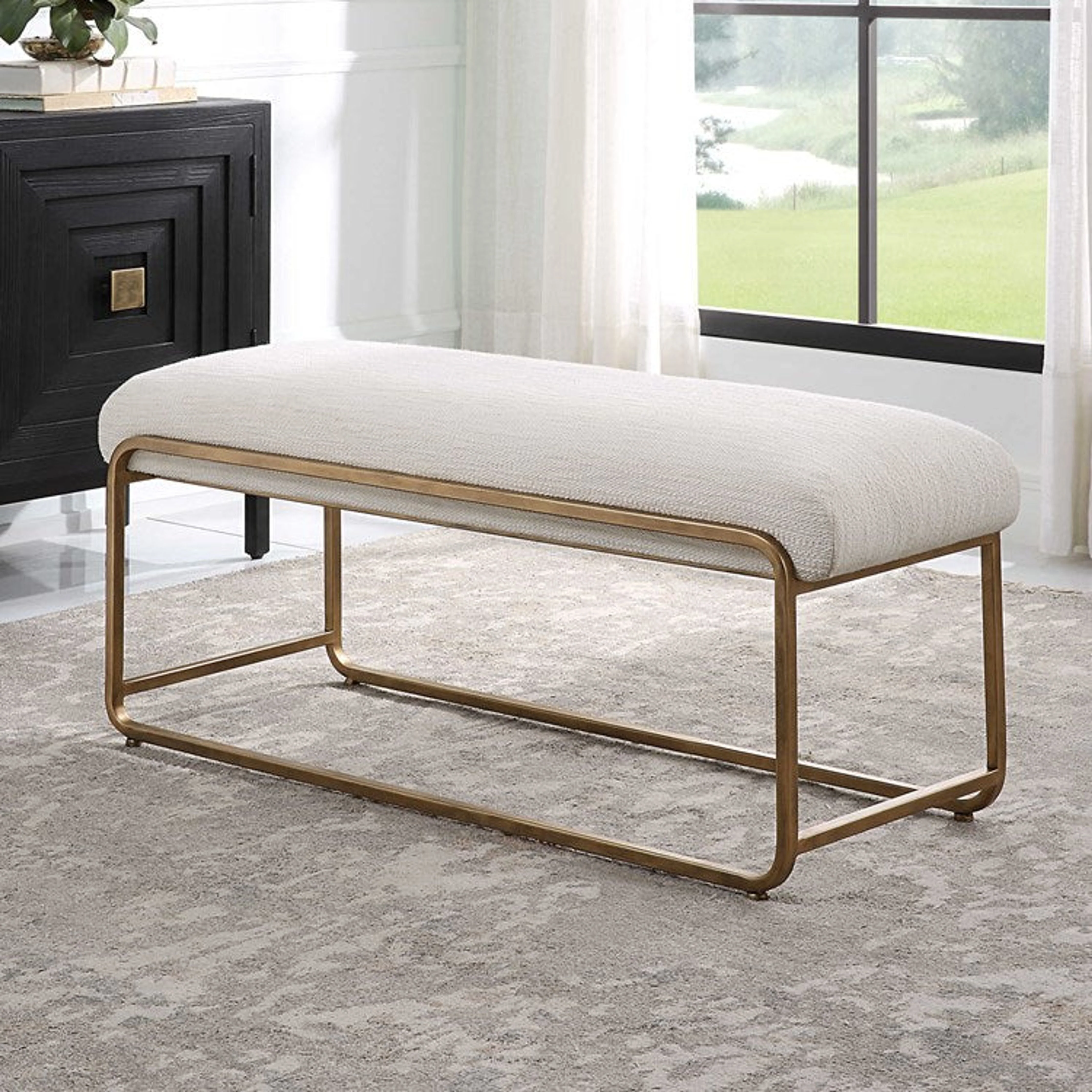 Casa Bella Living Crisp White Fabric With Antiqued Brushed Brass Metal Modern Bench - Image 3