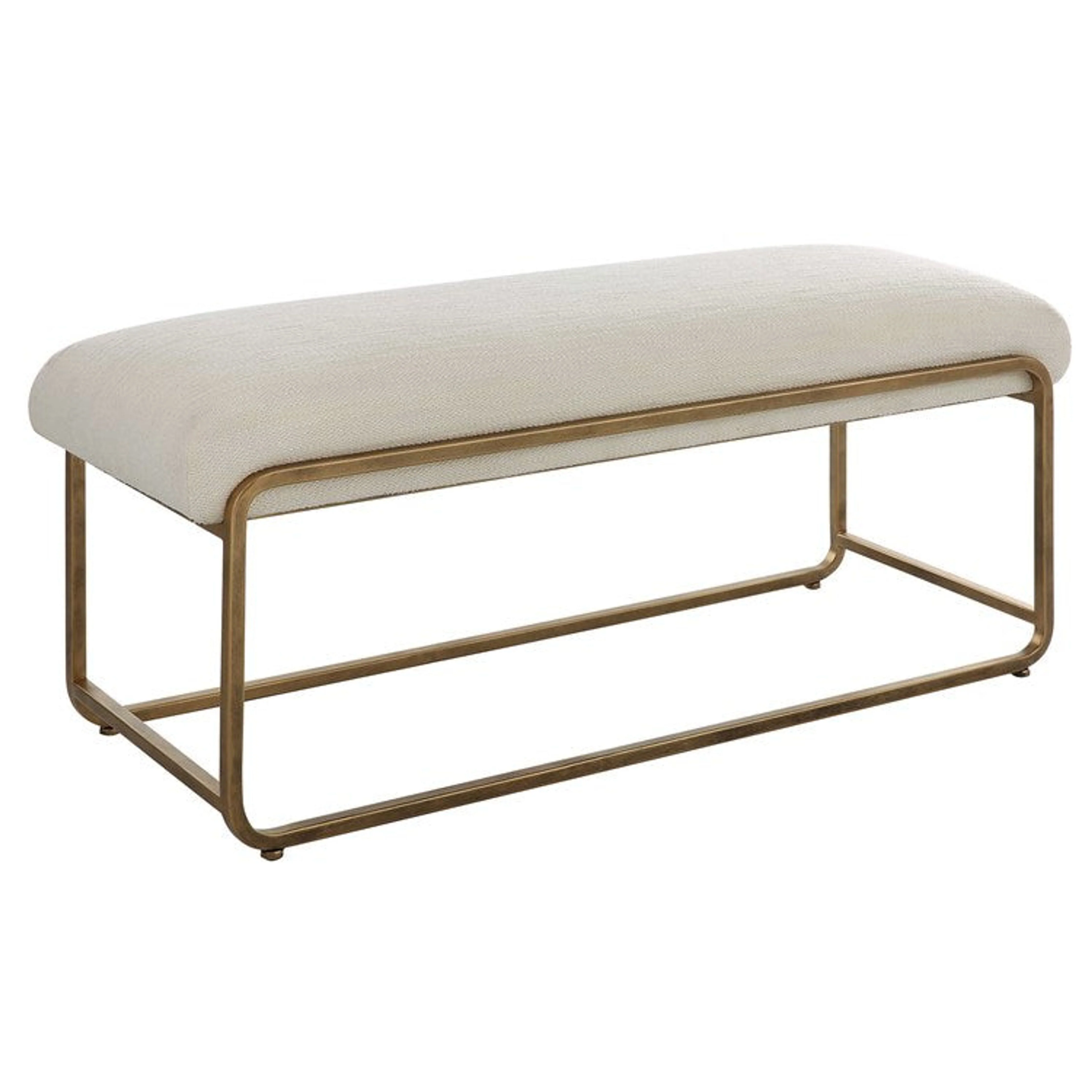 Casa Bella Living Crisp White Fabric With Antiqued Brushed Brass Metal Modern Bench - Image 4