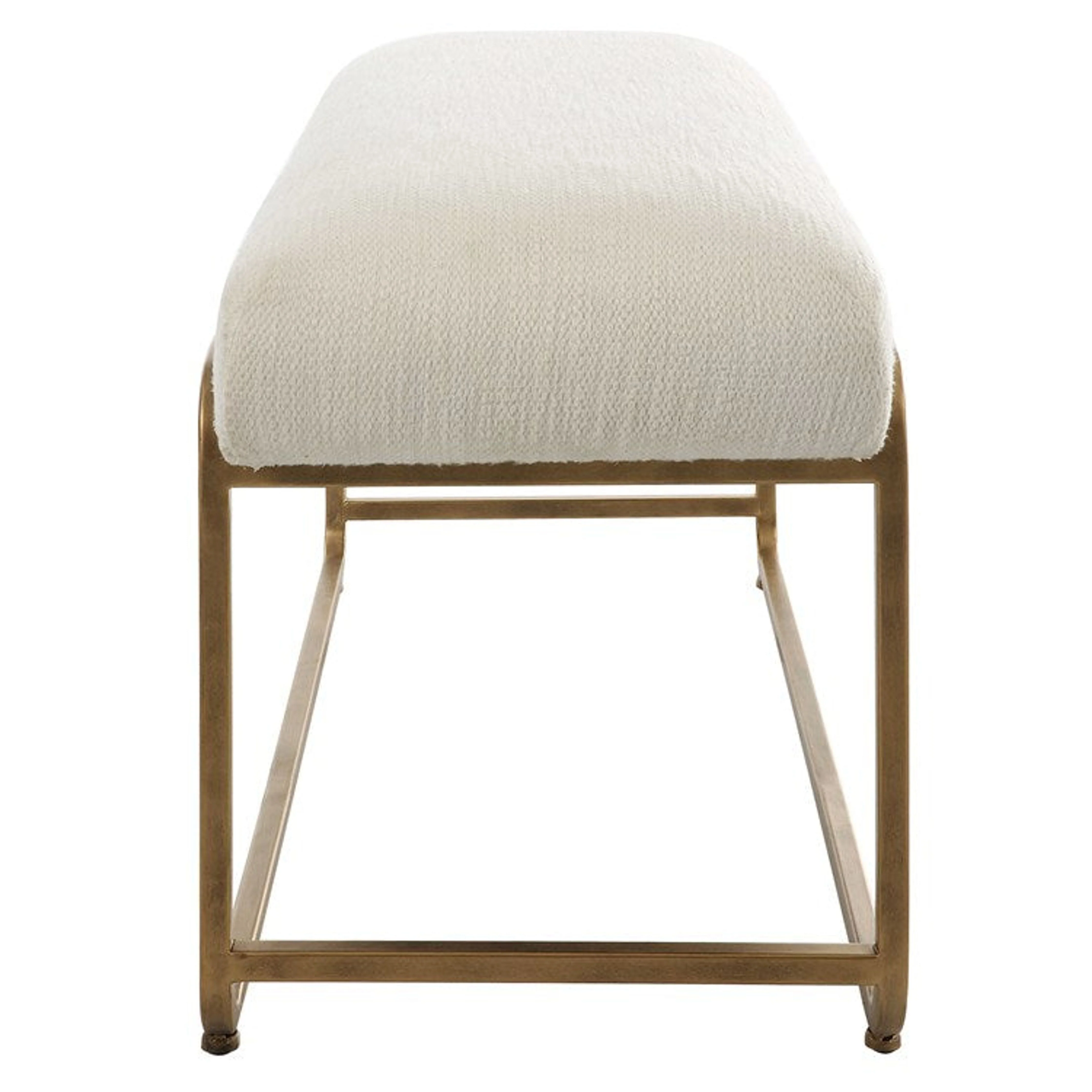 Casa Bella Living Crisp White Fabric With Antiqued Brushed Brass Metal Modern Bench - Image 5