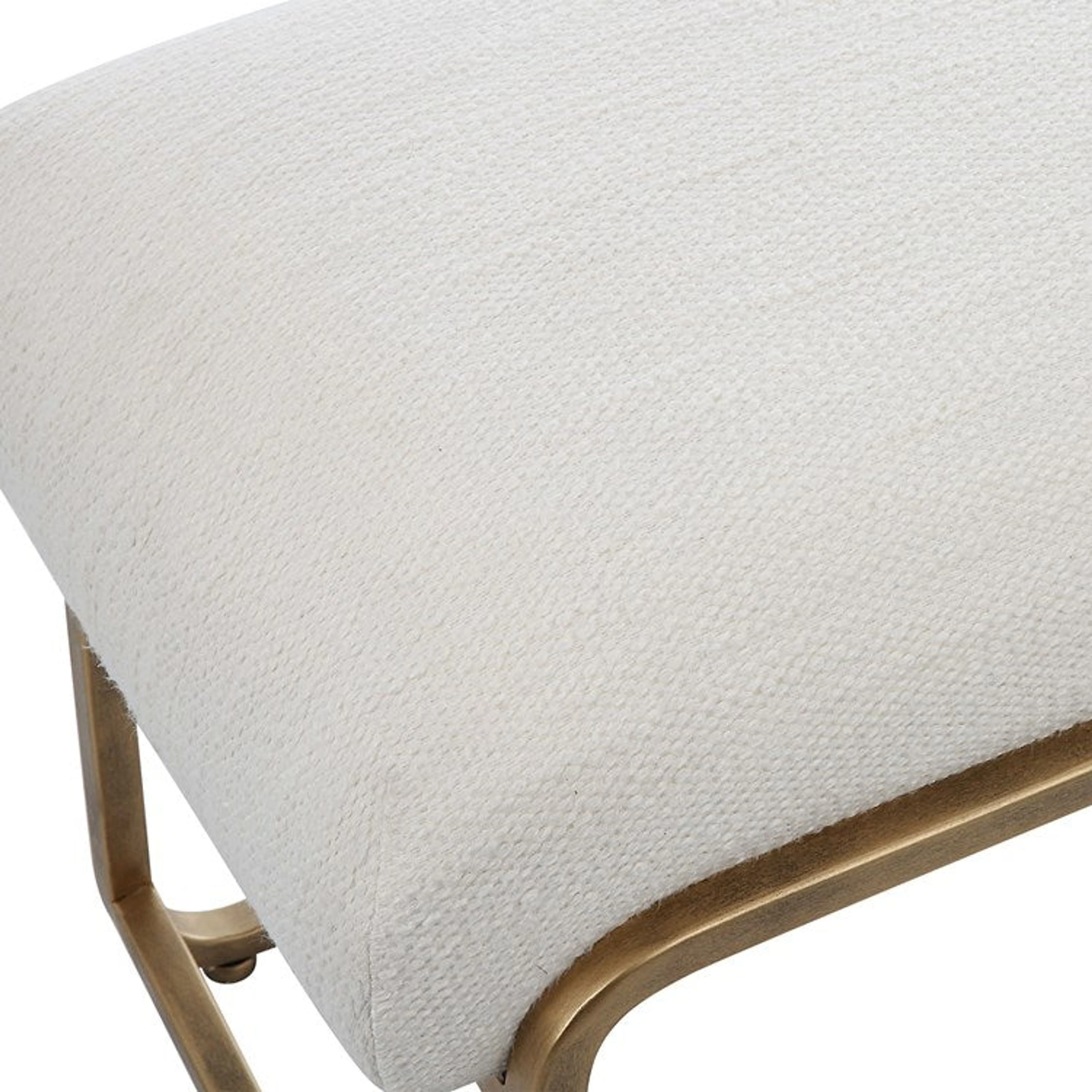 Casa Bella Living Crisp White Fabric With Antiqued Brushed Brass Metal Modern Bench - Image 6