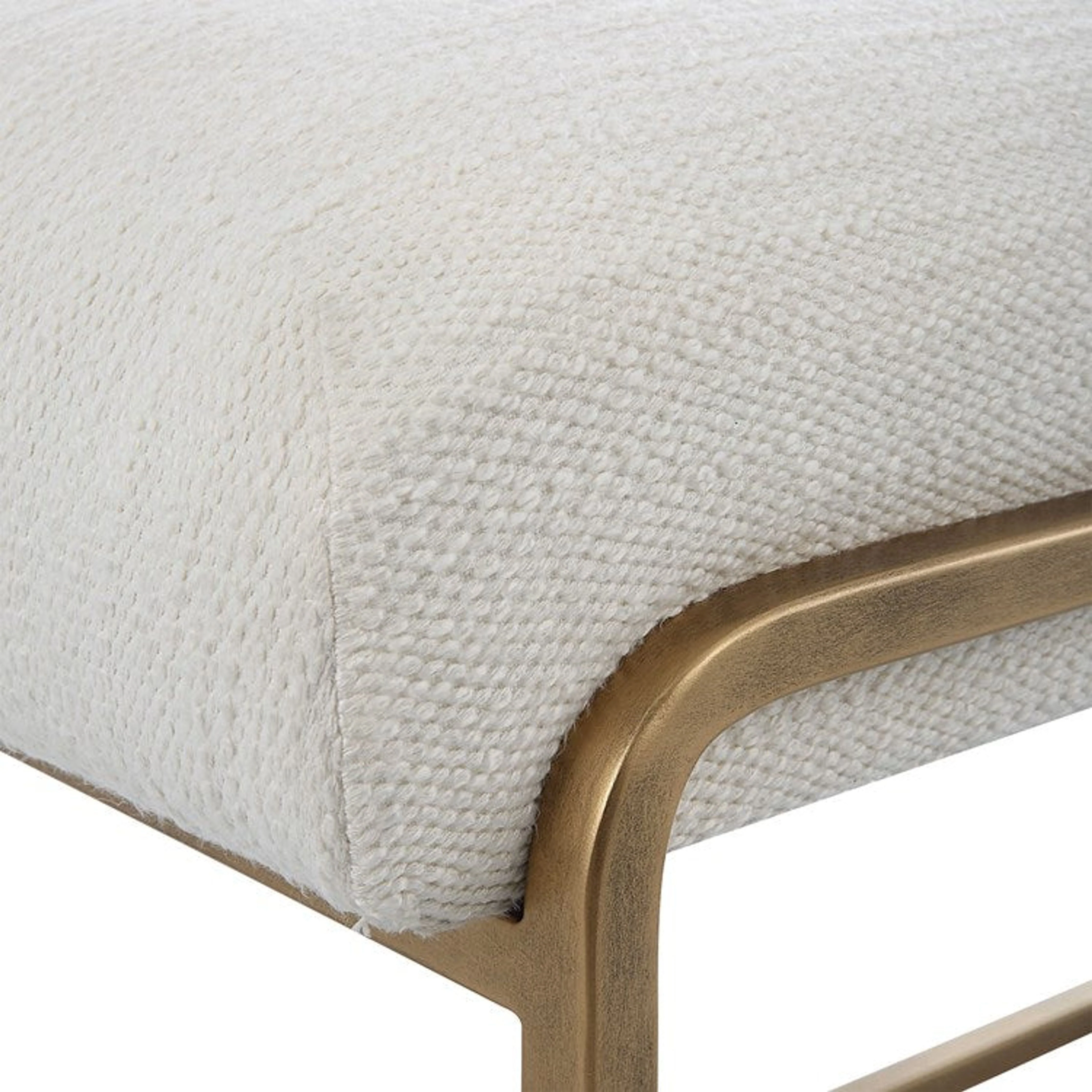 Casa Bella Living Crisp White Fabric With Antiqued Brushed Brass Metal Modern Bench - Image 7