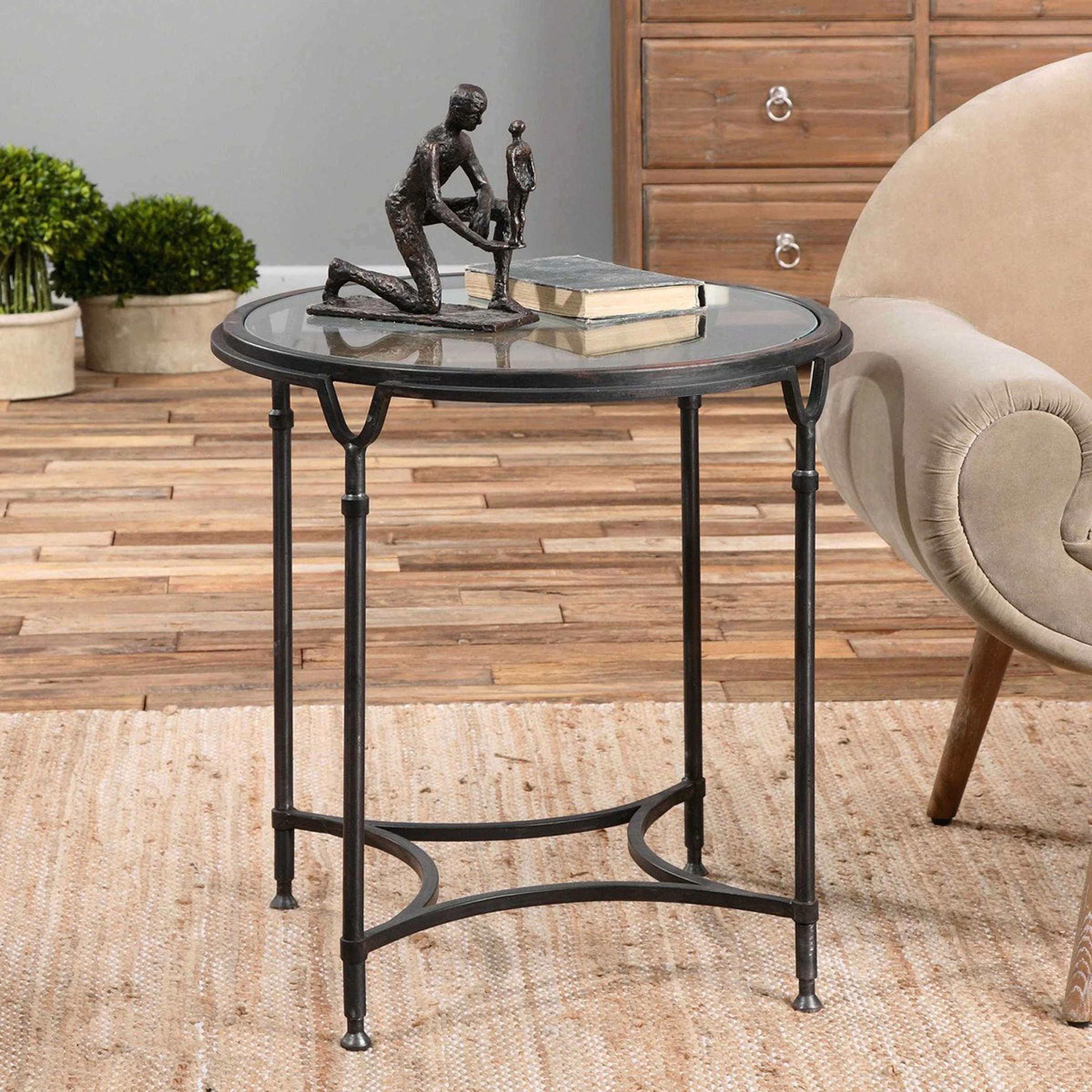Uttermost Samson Glass Top With Aged Black Steel Base Round Side Table - Image 2