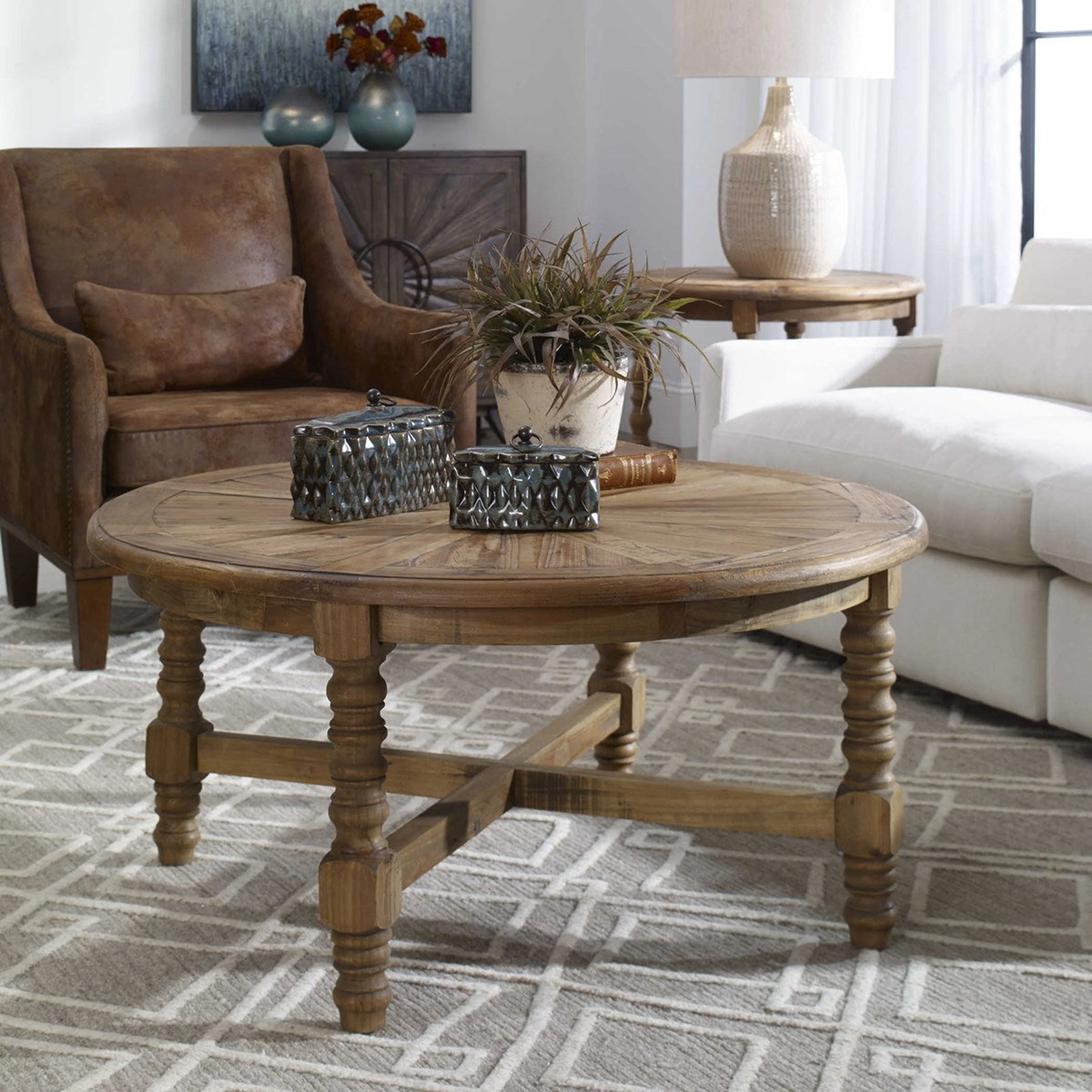Uttermost Samuelle Reclaimed Wood Rustic Round Coffee Table