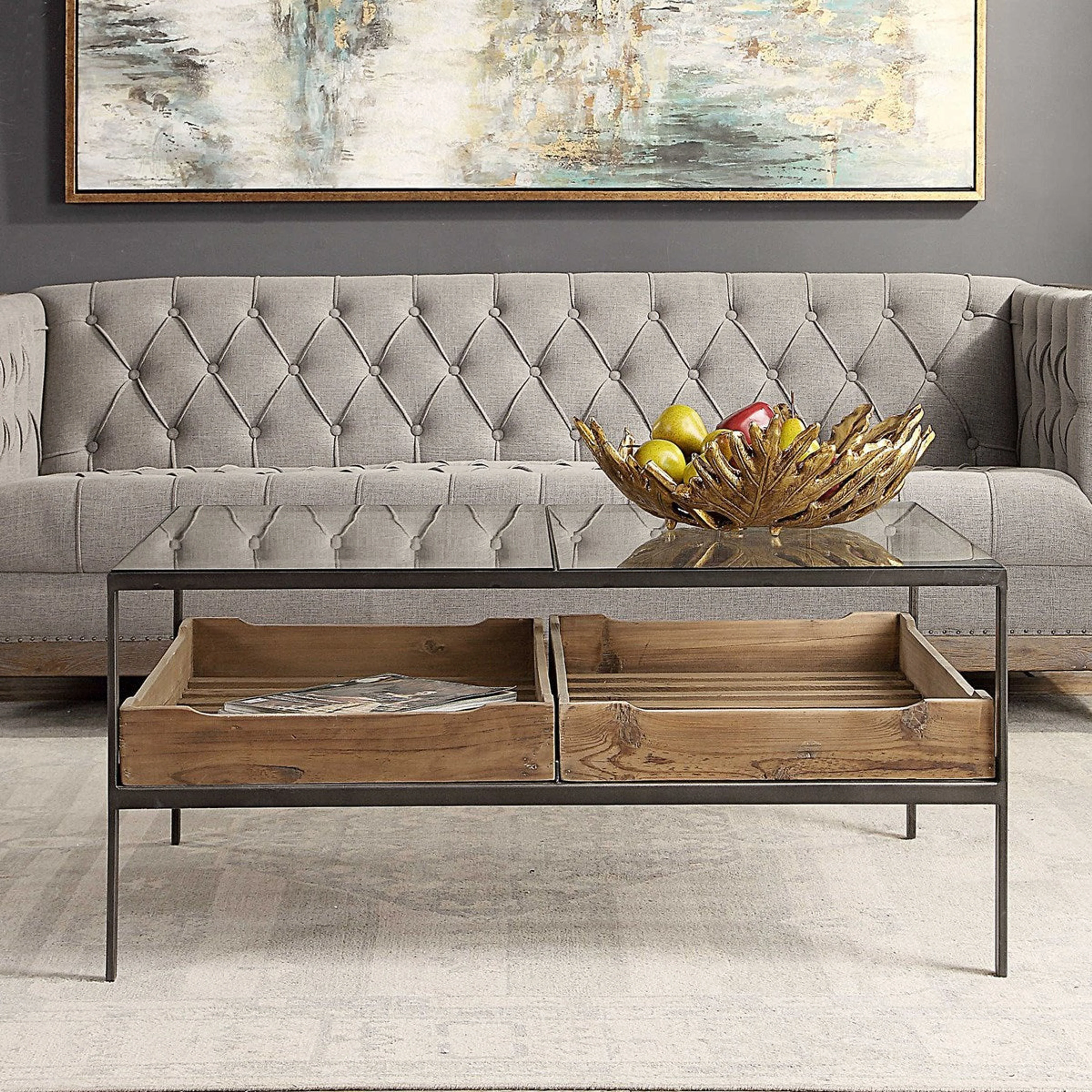 Uttermost Silas Glass Top With Reclaimed Wood and Aged Iron Rustic Coffee Tablr - Image 3