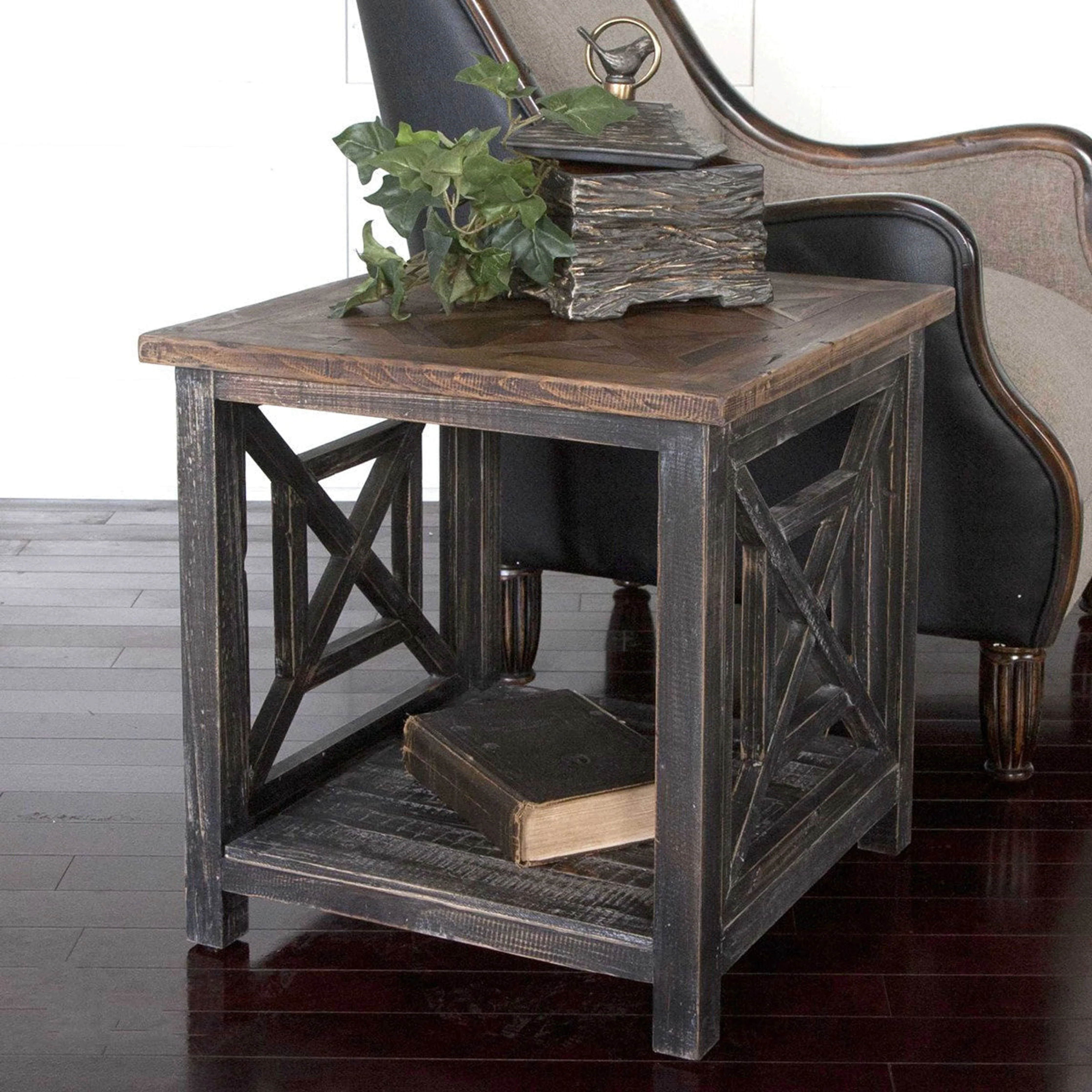 Uttermost Spiro Reclaimed Wood Brushed Black Finish Rustic End Table - Image 2
