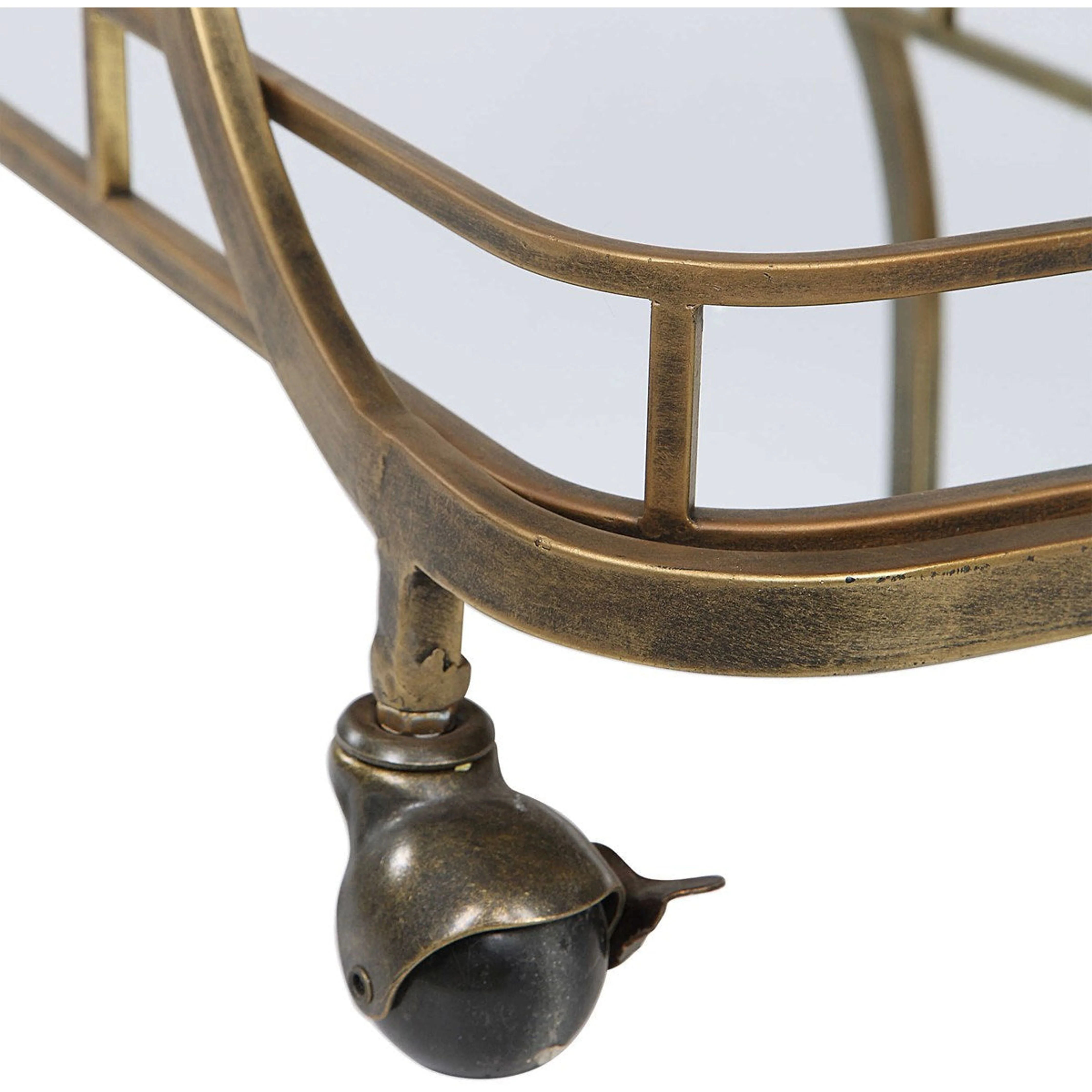 Uttermost Stassi Antiqued Gold Iron With Mirrored Shelves Bar Serving Cart - Image 7