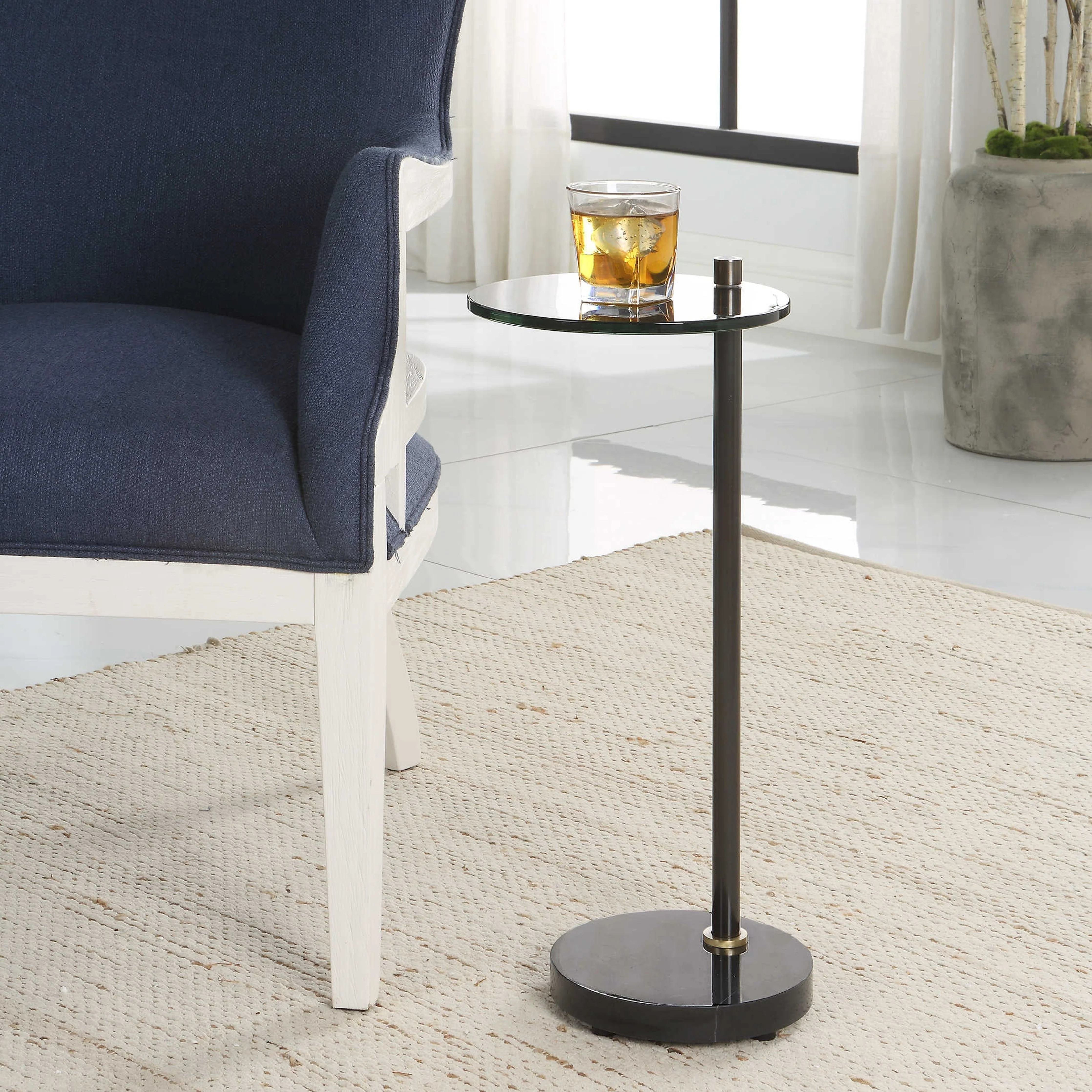 Uttermost Steward Black Glass Top With Black Marble Modern Drink Table - Image 2