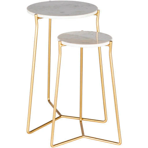 Surya Suave Modern White Marble Top With Gold Metal Base Set of 2 Nesting Accent Side Tables UAV-003 - Image 3
