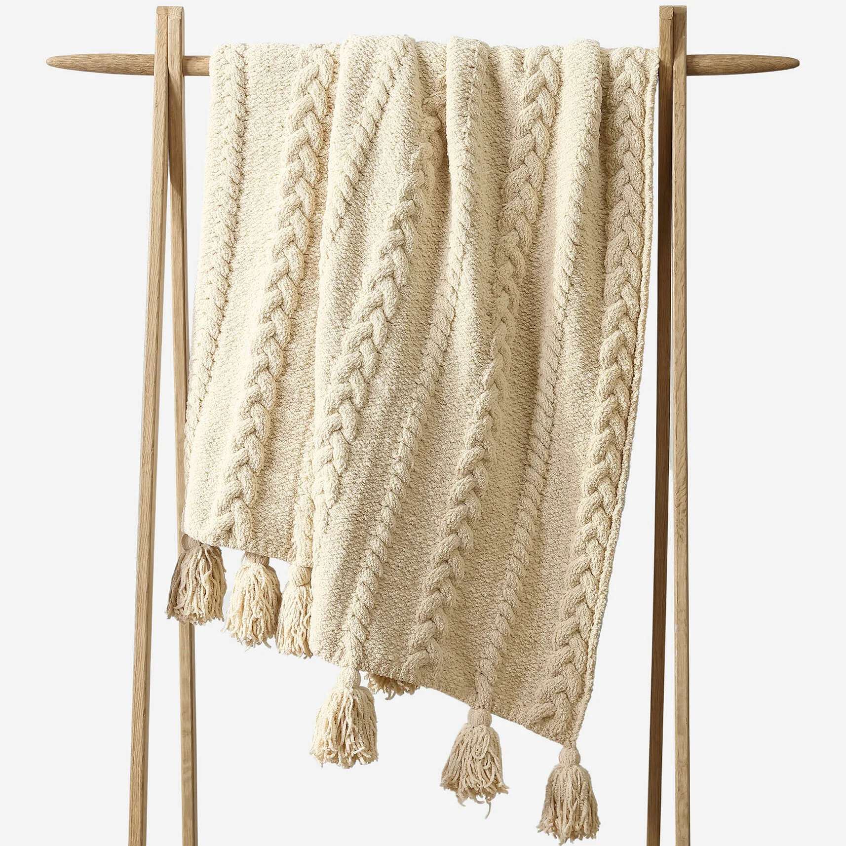 Sunday Citizen Snug Braided Pom Pom Throw in Sahara Tan ~ 75 x 52