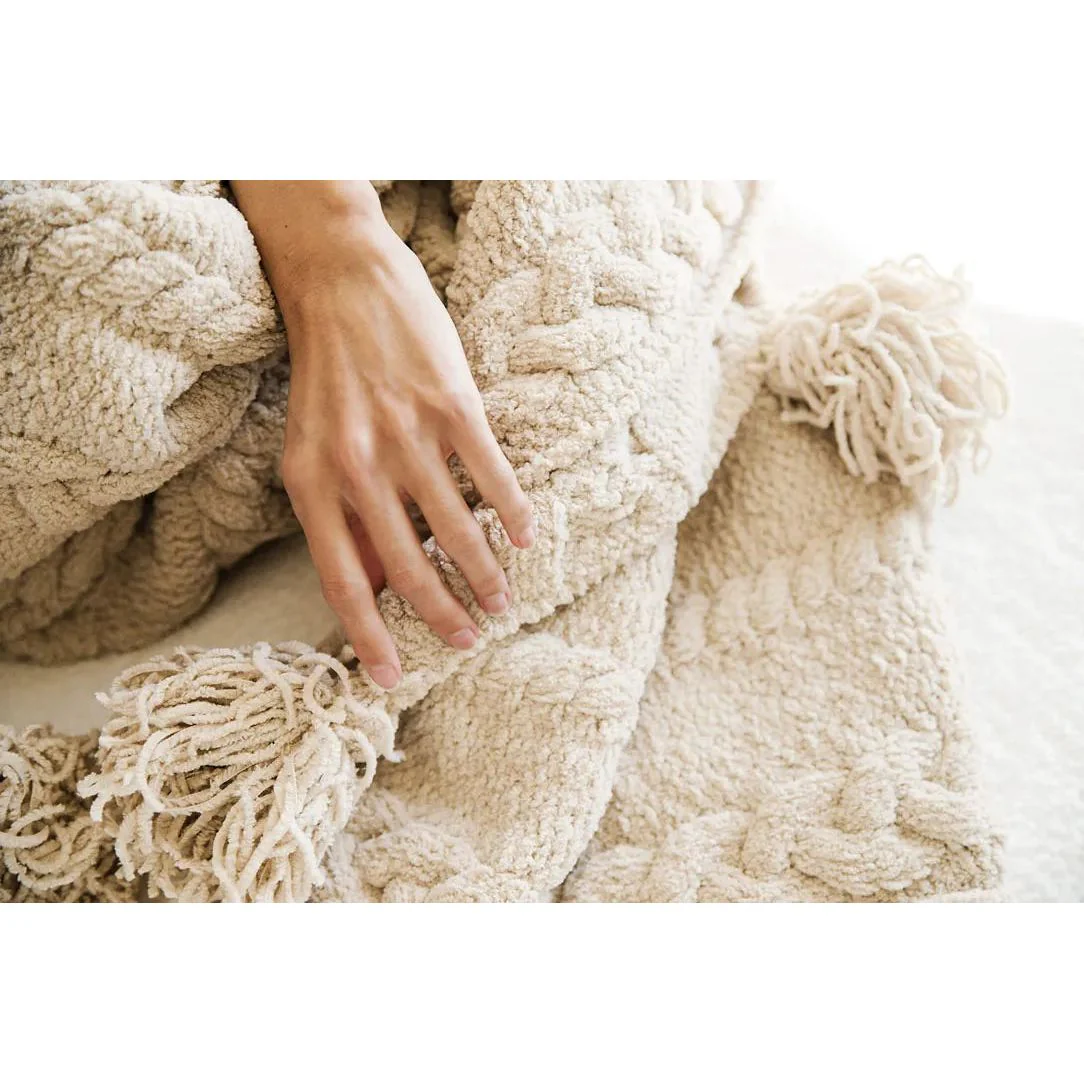 Sunday Citizen Snug Braided Pom Pom Throw in Sahara Tan ~ 75 x 52 - Image 4