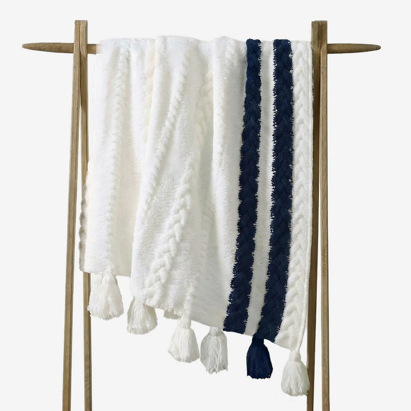 Sunday Citizen Snug Braided Two-Stripes Throw in Off White-Midnight ~ 75 x 52