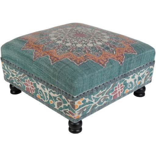 Surya Surat Modern Boho Sage, Blue, Saffron, Burnt Orange & Black Ottoman SURA-001