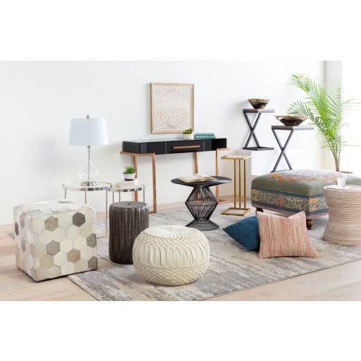 Surya Surat Modern Boho Sage, Blue, Saffron, Burnt Orange & Black Ottoman SURA-001 - Image 3