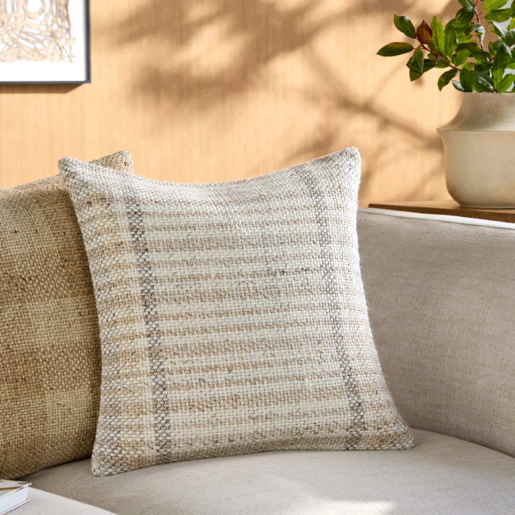 Becki Owens x LIVABLISS Amaya Pillow in Cream with Light Gray and Tan Stripes