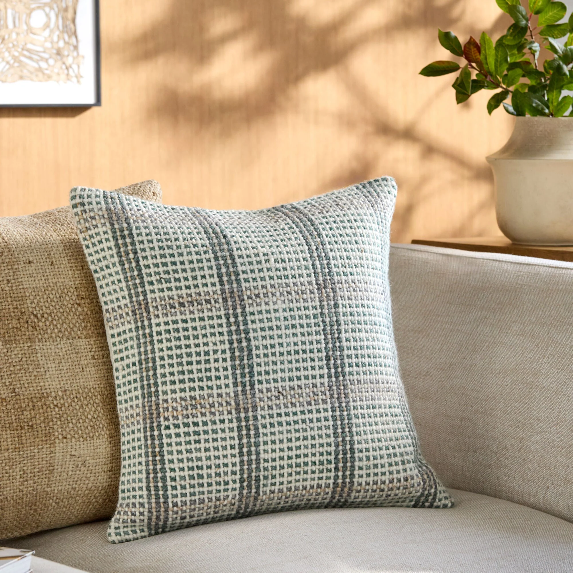 Becki Owens x LIVABLISS Beige, Ivory and Gray Plaid Amaya Pillow