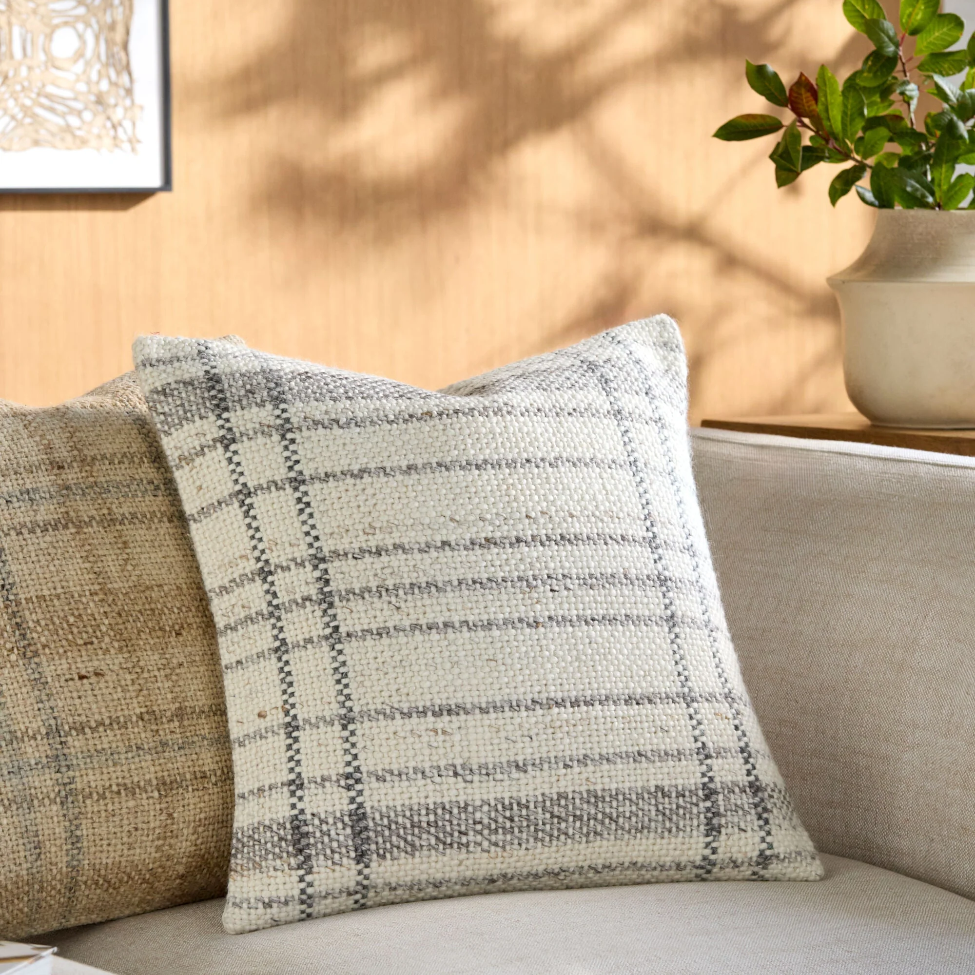 Becki Owens x LIVABLISS Amaya Pillow in Cream with Slate and Charcoal Gray Plaid