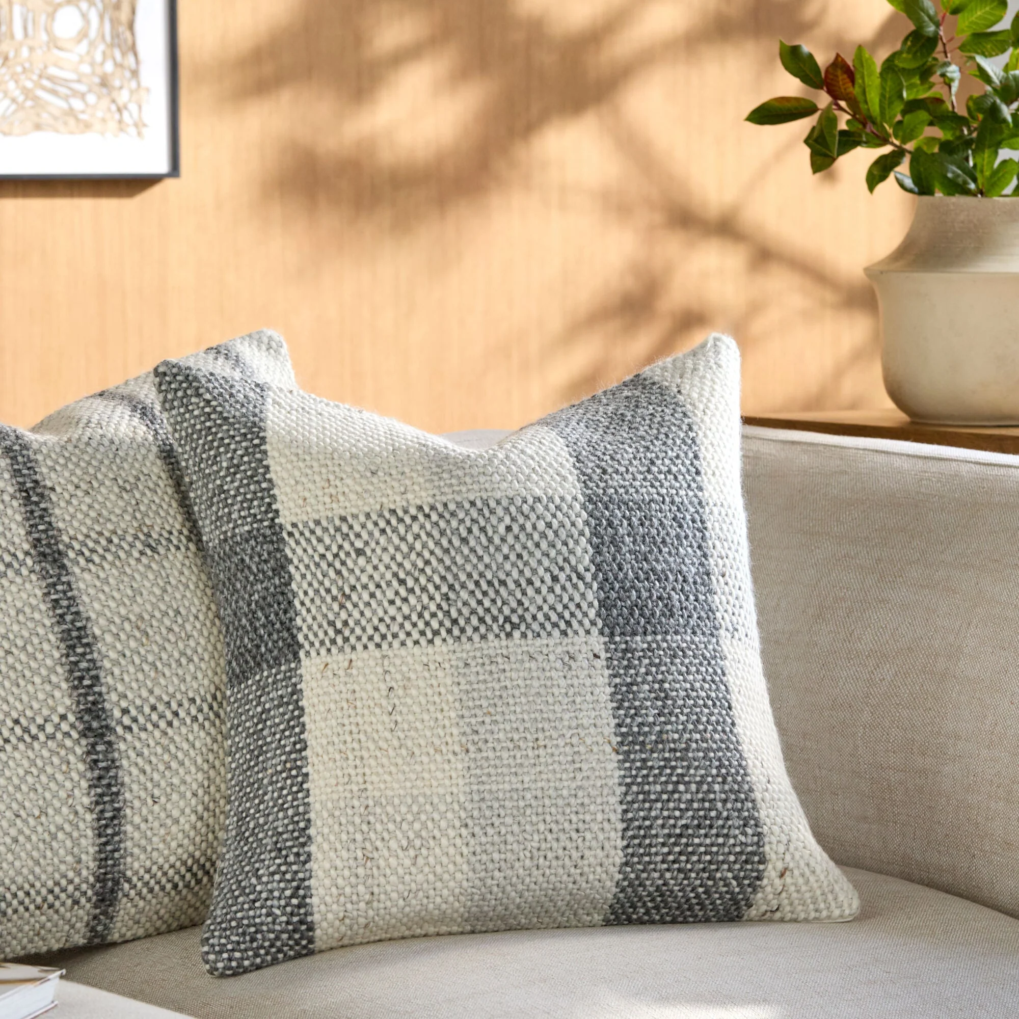 Becki Owens x LIVABLISS Amaya Pillow in Light Gray and Charcoal Plaid