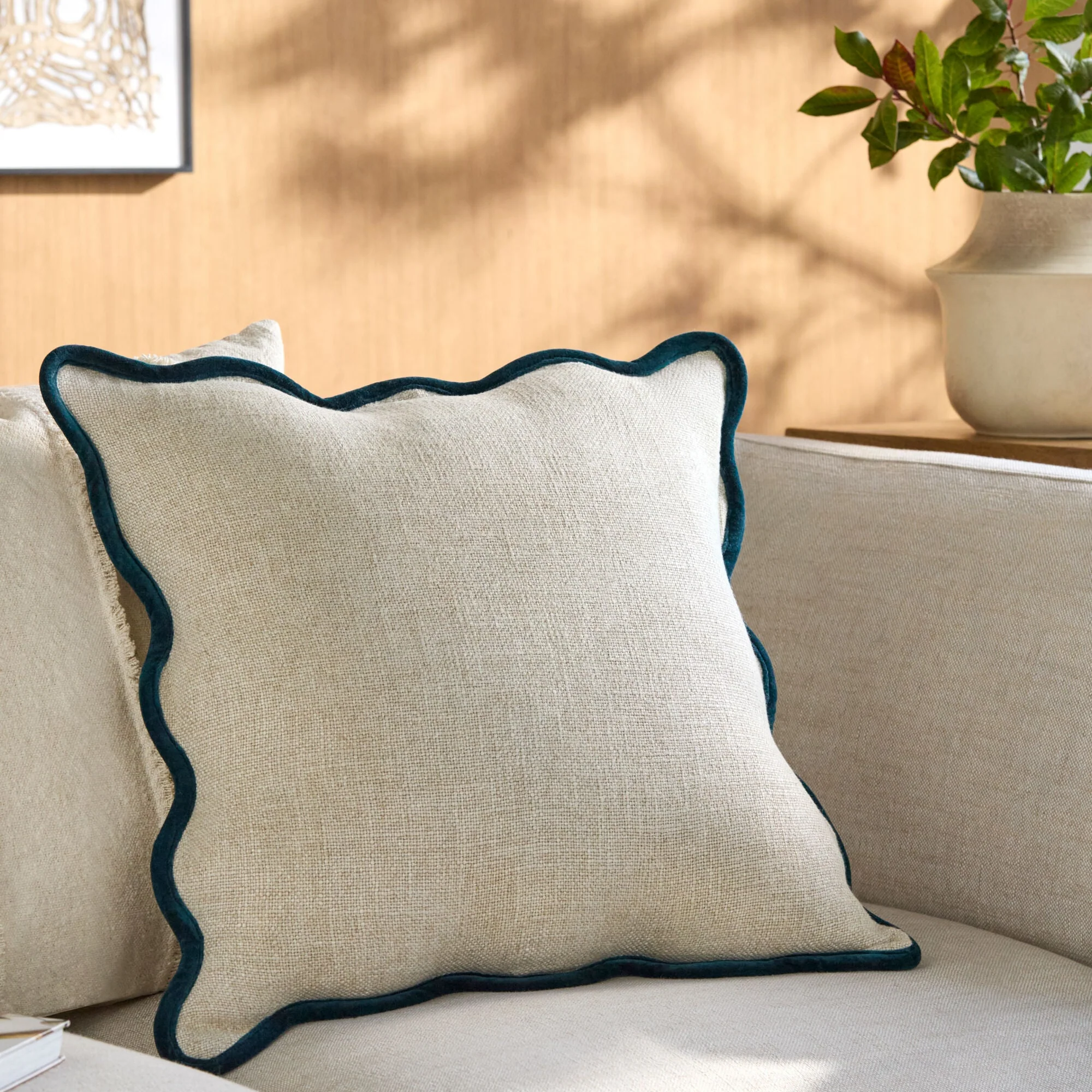 Becki Owens x LIVABLISS Collection Caliza Scalloped Pillow with Sapphire Trim