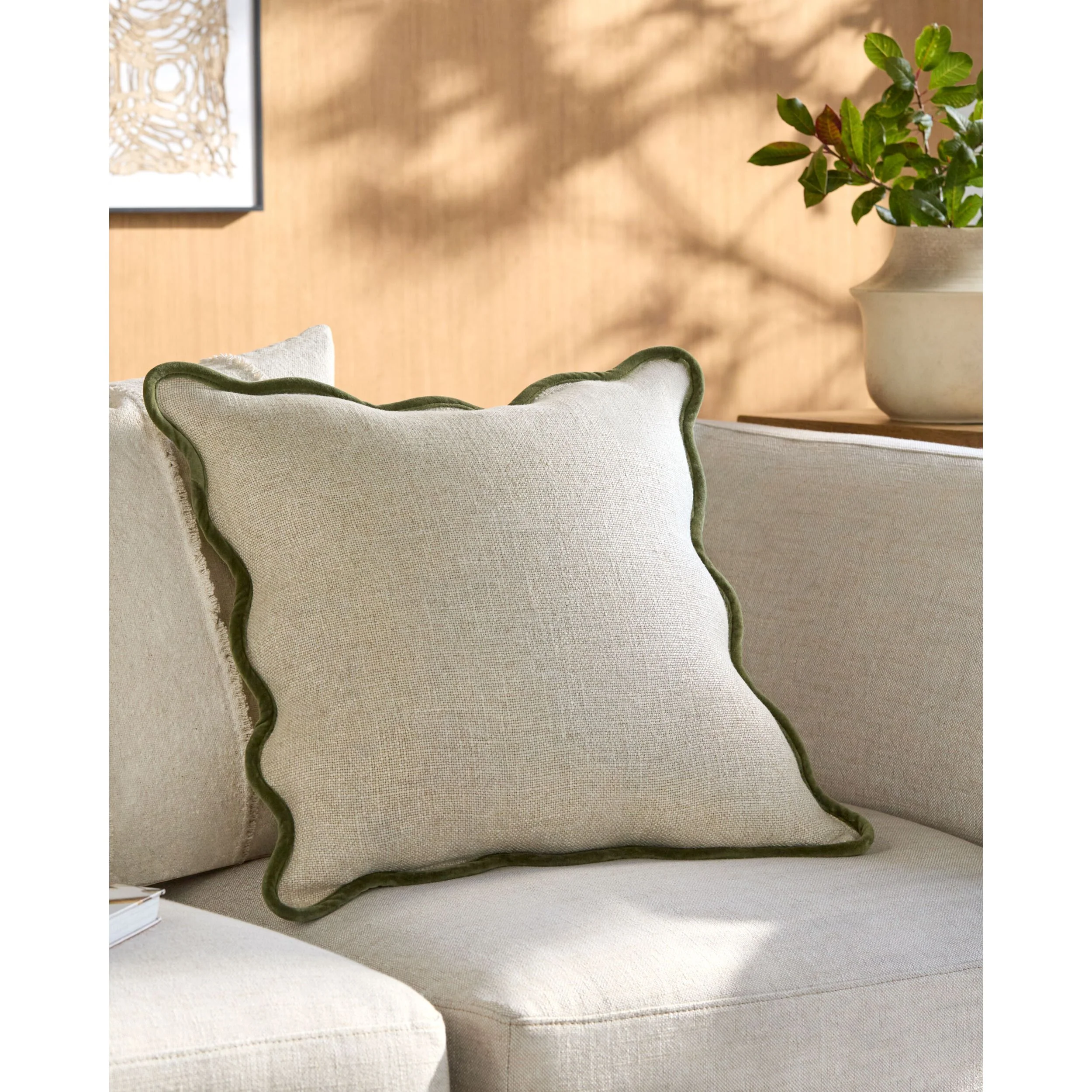 Becki Owens x LIVABLISS Olive Trimmed Caliza Scalloped Pillow