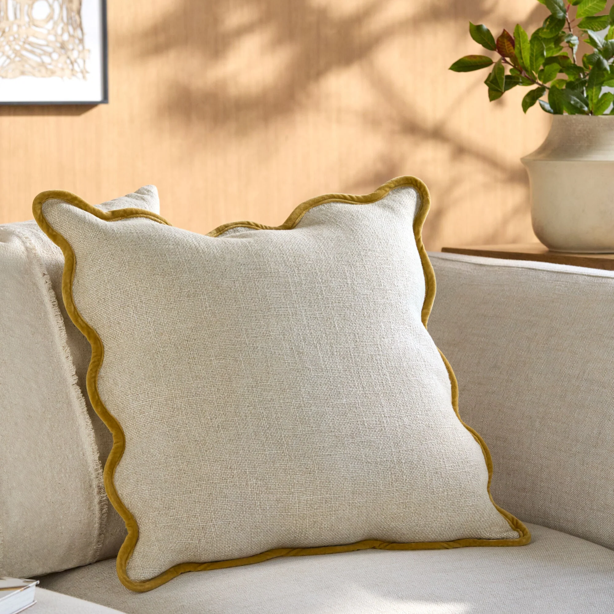 Becki Owens x LIVABLISS Mustard Trimmed Caliza Scalloped Pillow