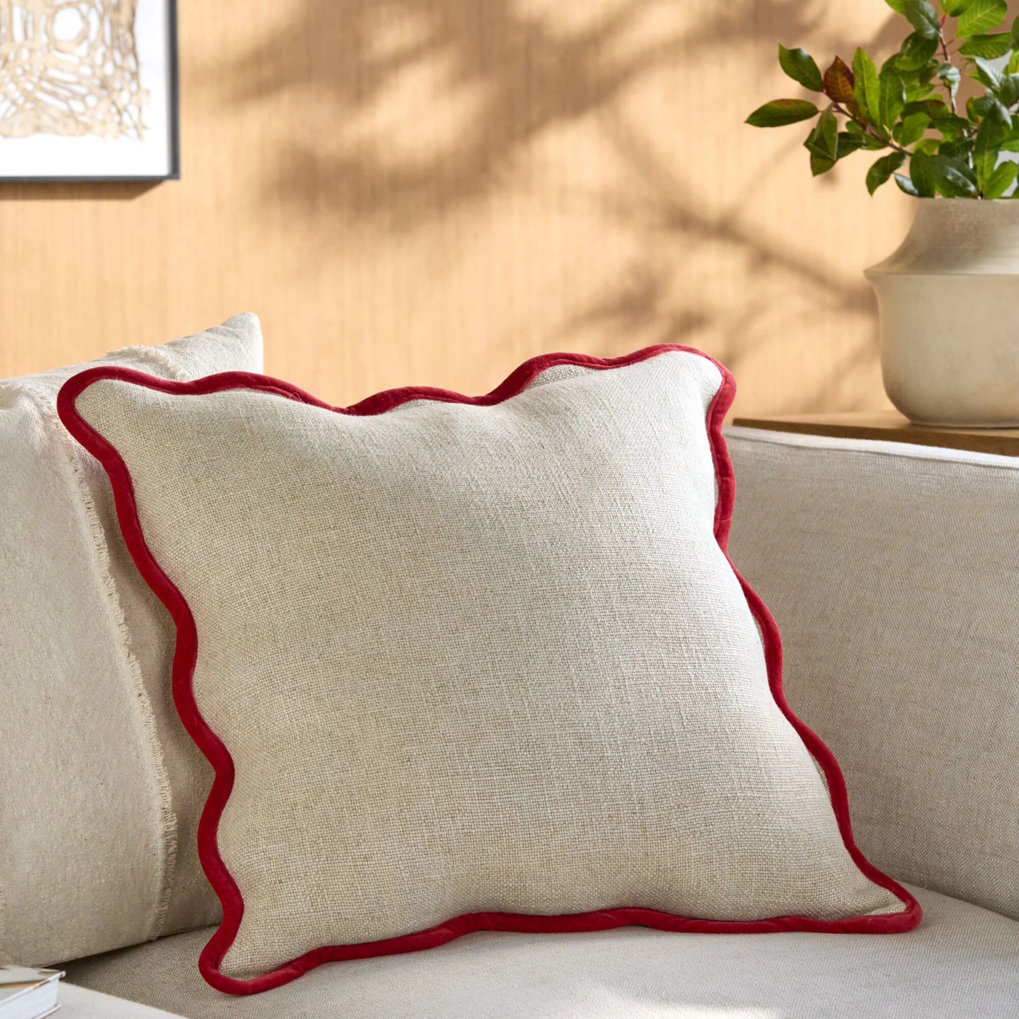 Becki Owens x LIVABLISS Caliza Scalloped Pillow with Scarlet Trim
