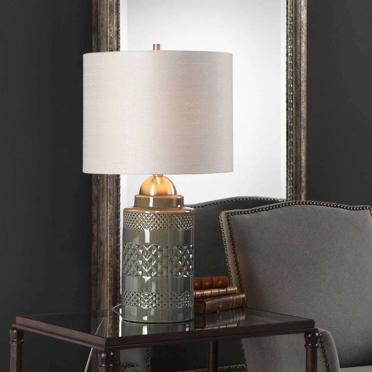 Casa Bella Living Off White Linen Drum Shade With Olive Glazed Ceramic Base Table Lamp