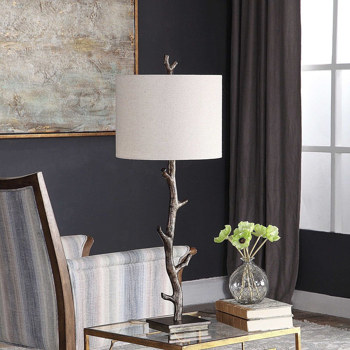 Casa Bella Living Off White Linen Shade With Dark Bronze and Silver Branch Base Table Lamp - Image 3