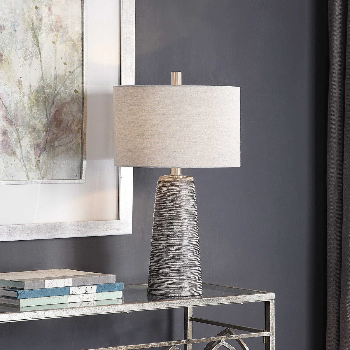 Casa Bella Living Beige Linen Shade With Rustic Bronze Textured Ceramic Base Table Lamp