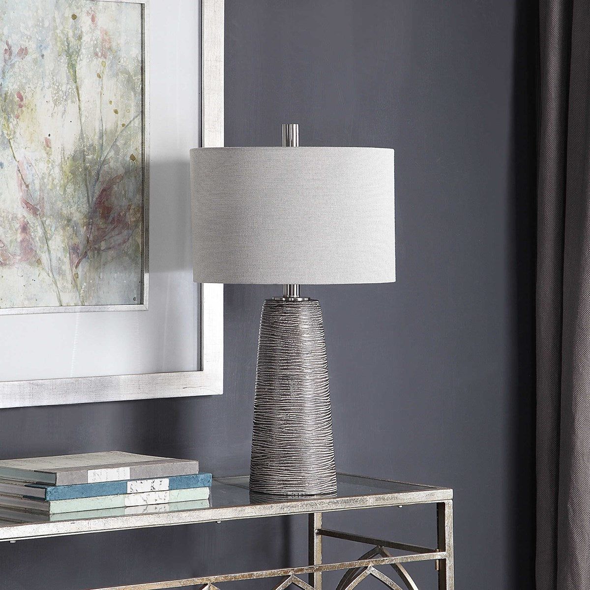 Casa Bella Living Beige Linen Shade With Rustic Bronze Textured Ceramic Base Table Lamp - Image 3