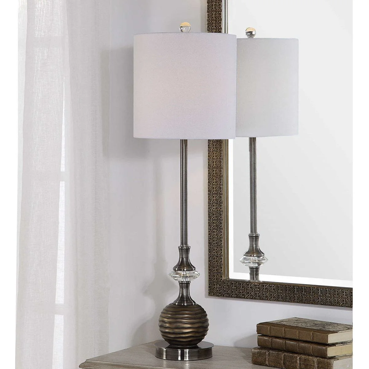 Casa Bella Living White Linen Drum Shade with Bronze Textured Base Table Lamp