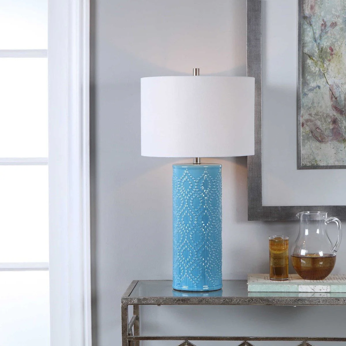 Casa Bella Living White Linen Shade With Sky Blue Textured Ceramic Base Table Lamp