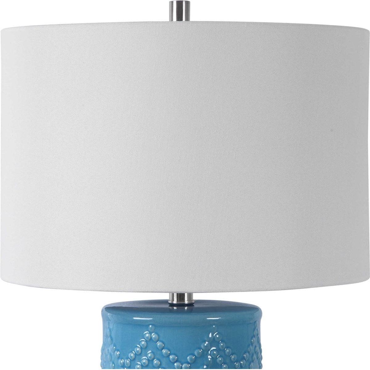 Casa Bella Living White Linen Shade With Sky Blue Textured Ceramic Base Table Lamp - Image 5