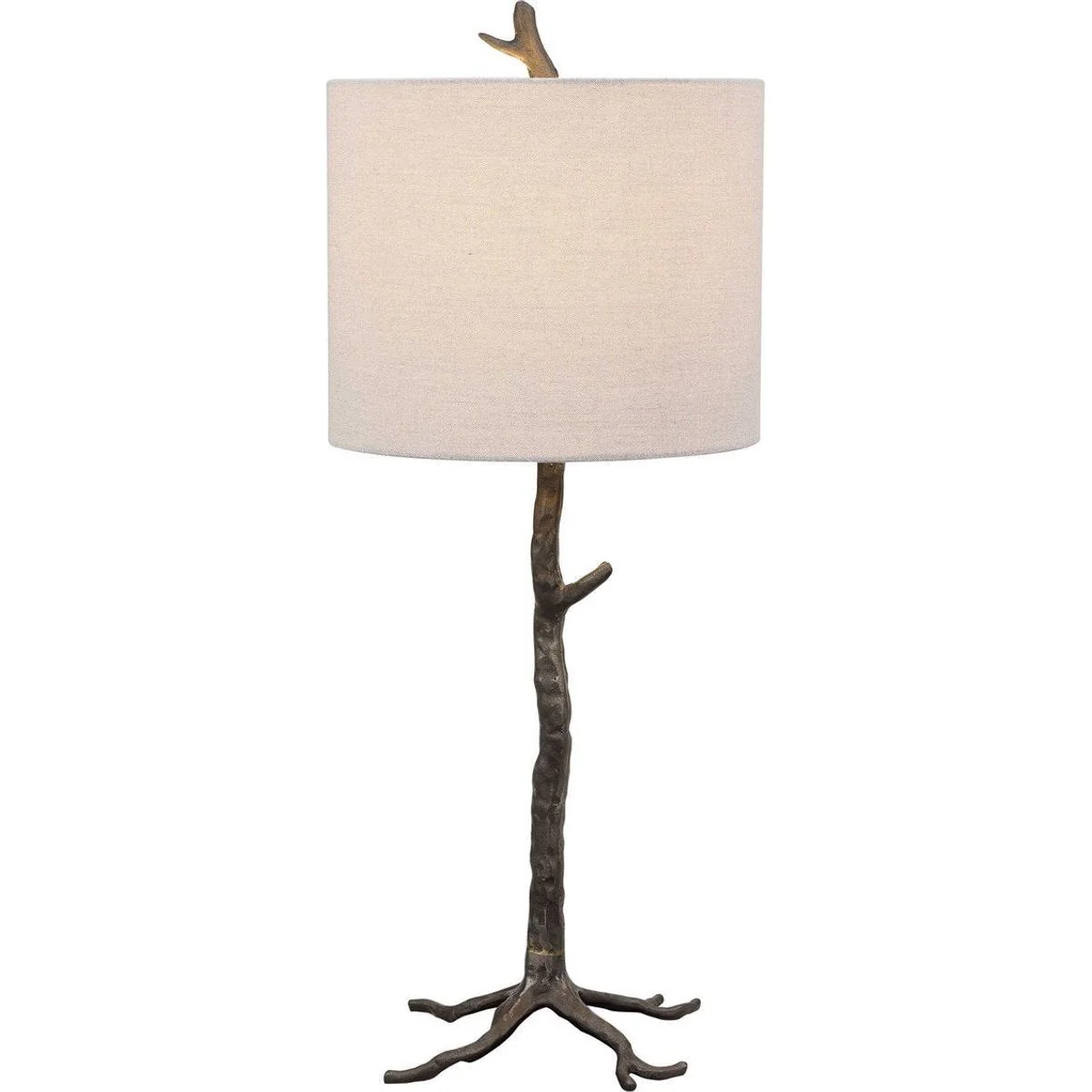 Casa Bella Living Light Beige Linen Drum Shade With Dark Gunmetal and Gold Branch Base Table Lamp - Image 2