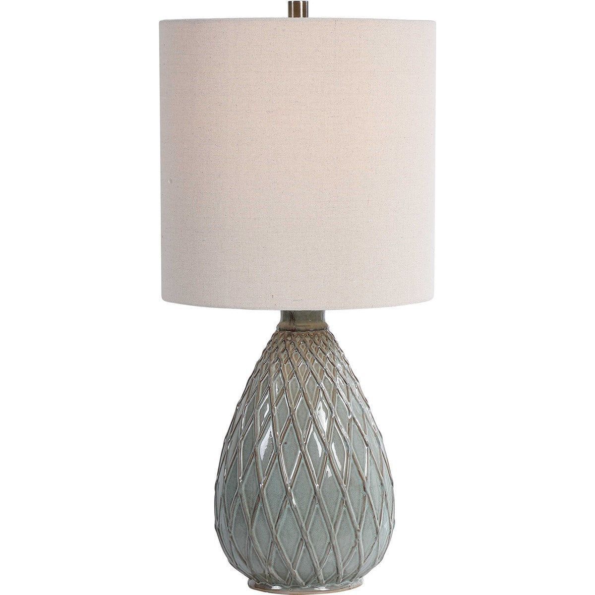 Casa Bella Living Beige Linen Drum Shade With Rust and Aqua Textured Ceramic Base Table Lamp - Image 2