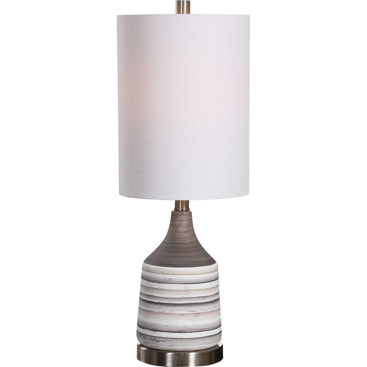 Casa Bella Living White Linen Drum Shade With Charcoal, White and Tan Ceramic Base Table Lamp - Image 2