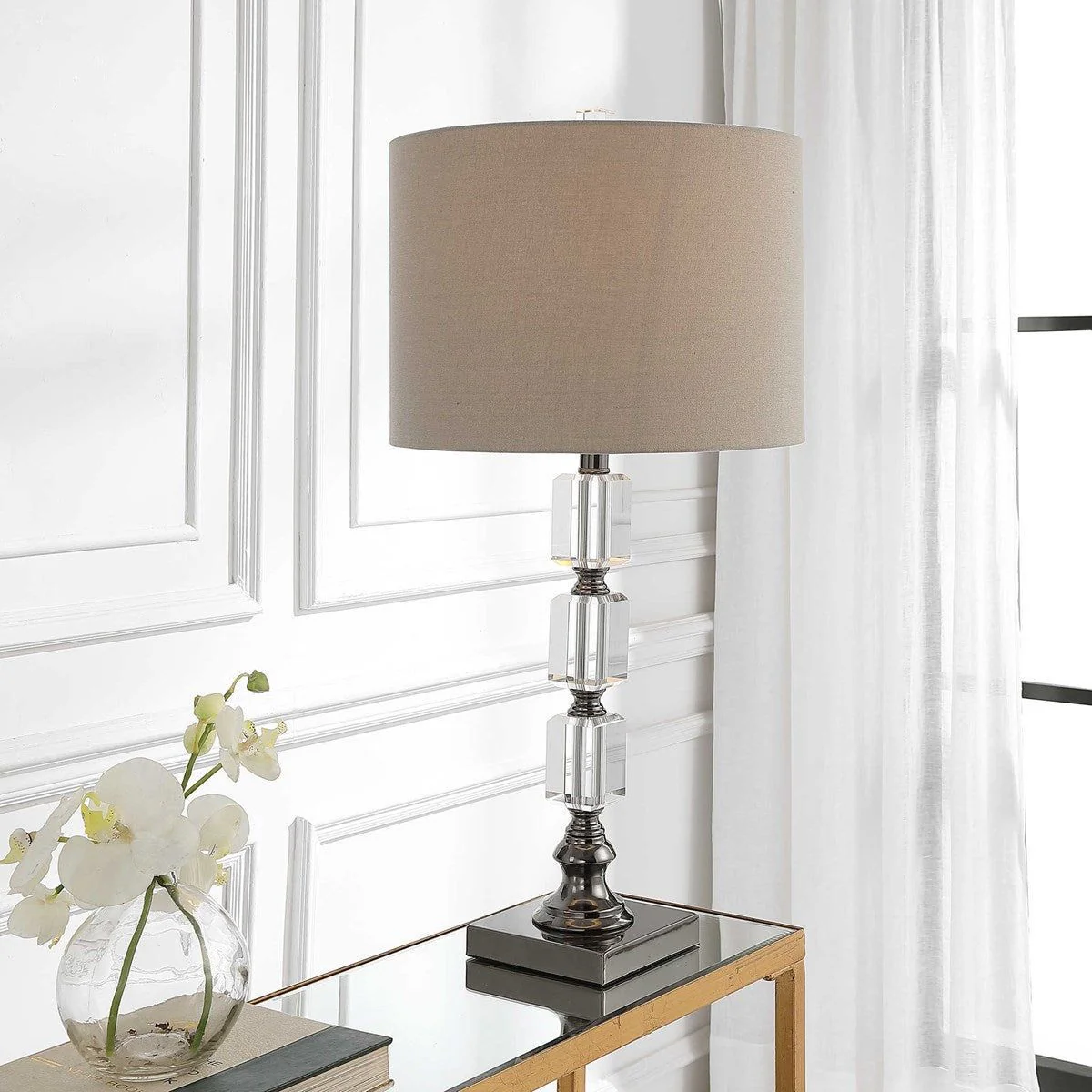 Casa Bella Living Taupe Linen Shade With Stacked Crystal and Dark Nickel Base Table Lamp