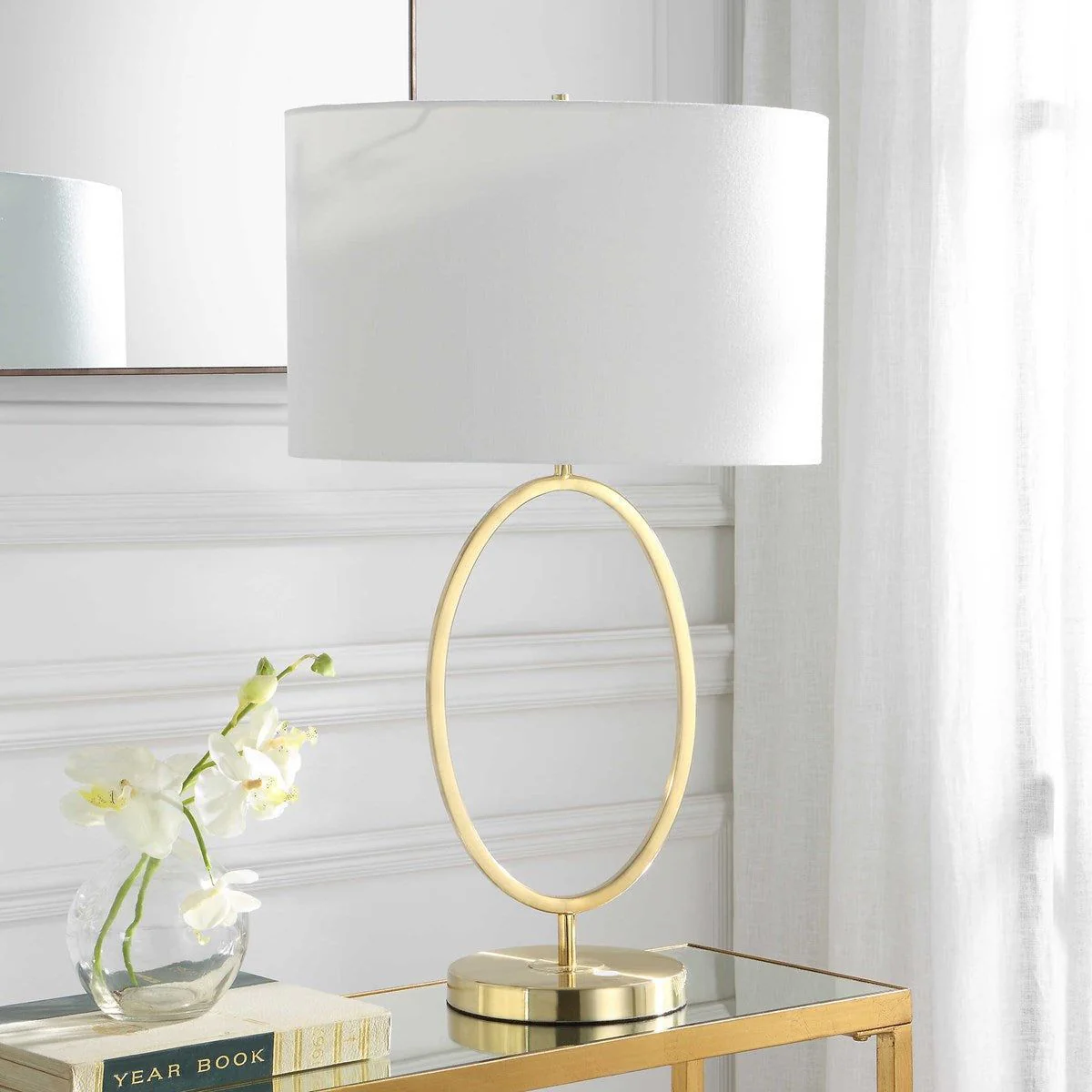 Casa Bella Living White Linen Oval Shade with Golden Brass Metal Base Table Lamp - Image 3