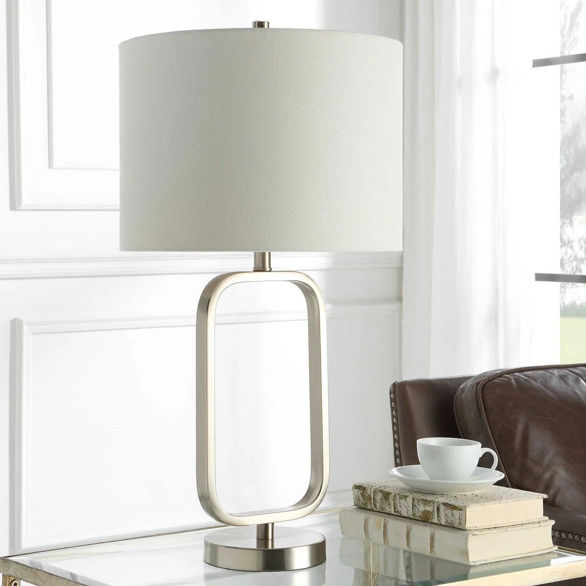 Casa Bella Living White Linen Shade With Brushed Nickel Metal Base Table Lamp - Image 3