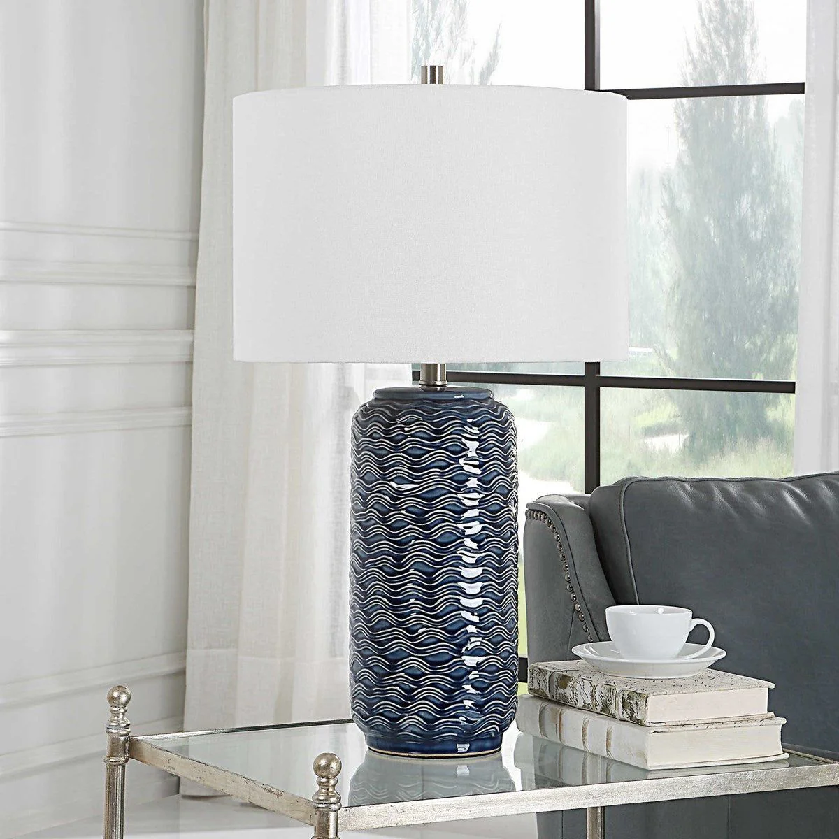 Casa Bella Living White Linen Shade with Blue Textured Ceramic Base Table Lamp - Image 3