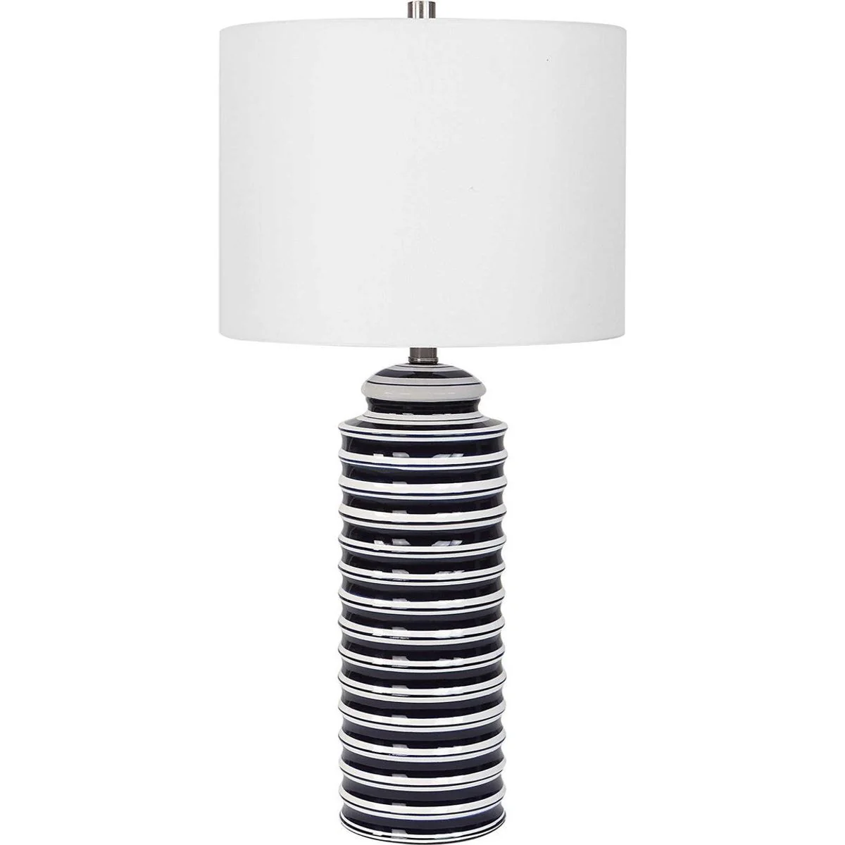Casa Bella Living White Linen Shade with Navy and Gloss White Ceramic Base Table Lamp - Image 4