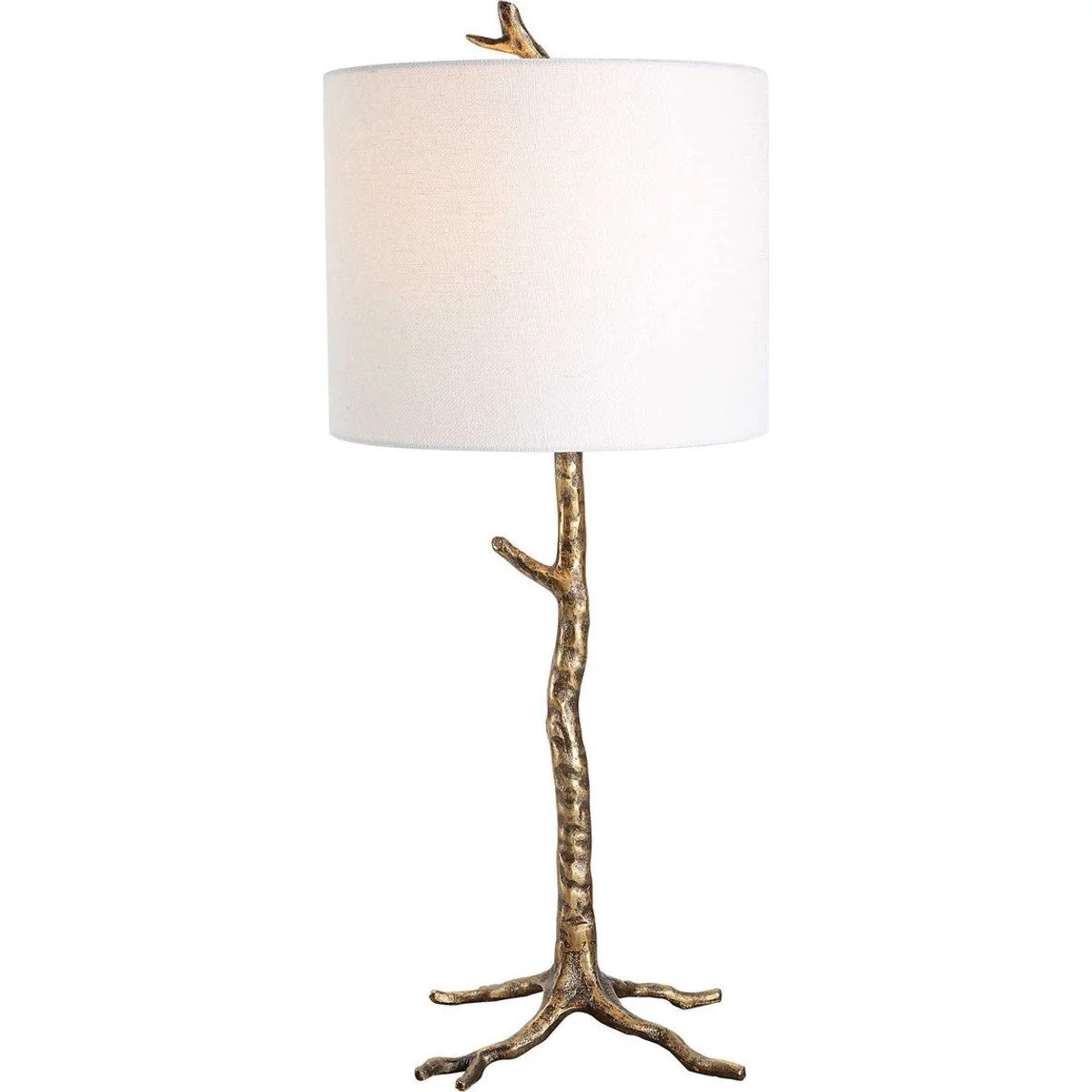 Casa Bella Living Soft White Linen Drum Shade with Antique Gold Branch Base Table Lamp - Image 2