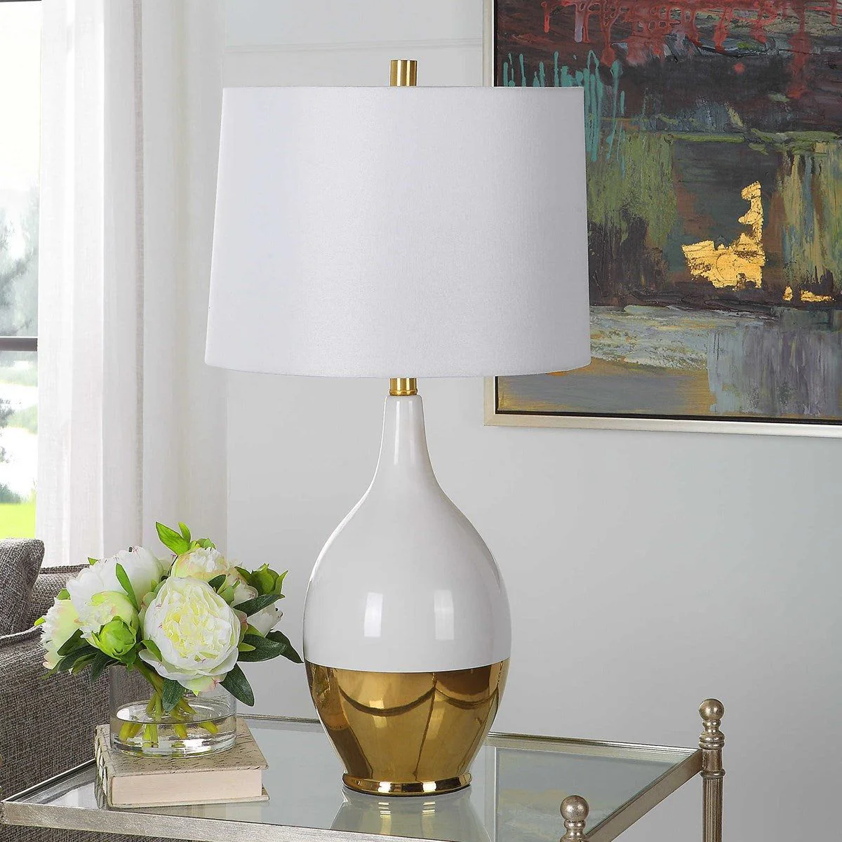 Casa Bella Living White Linen Shade With Gloss White and Rich Gold Base Table Lamp - Image 3