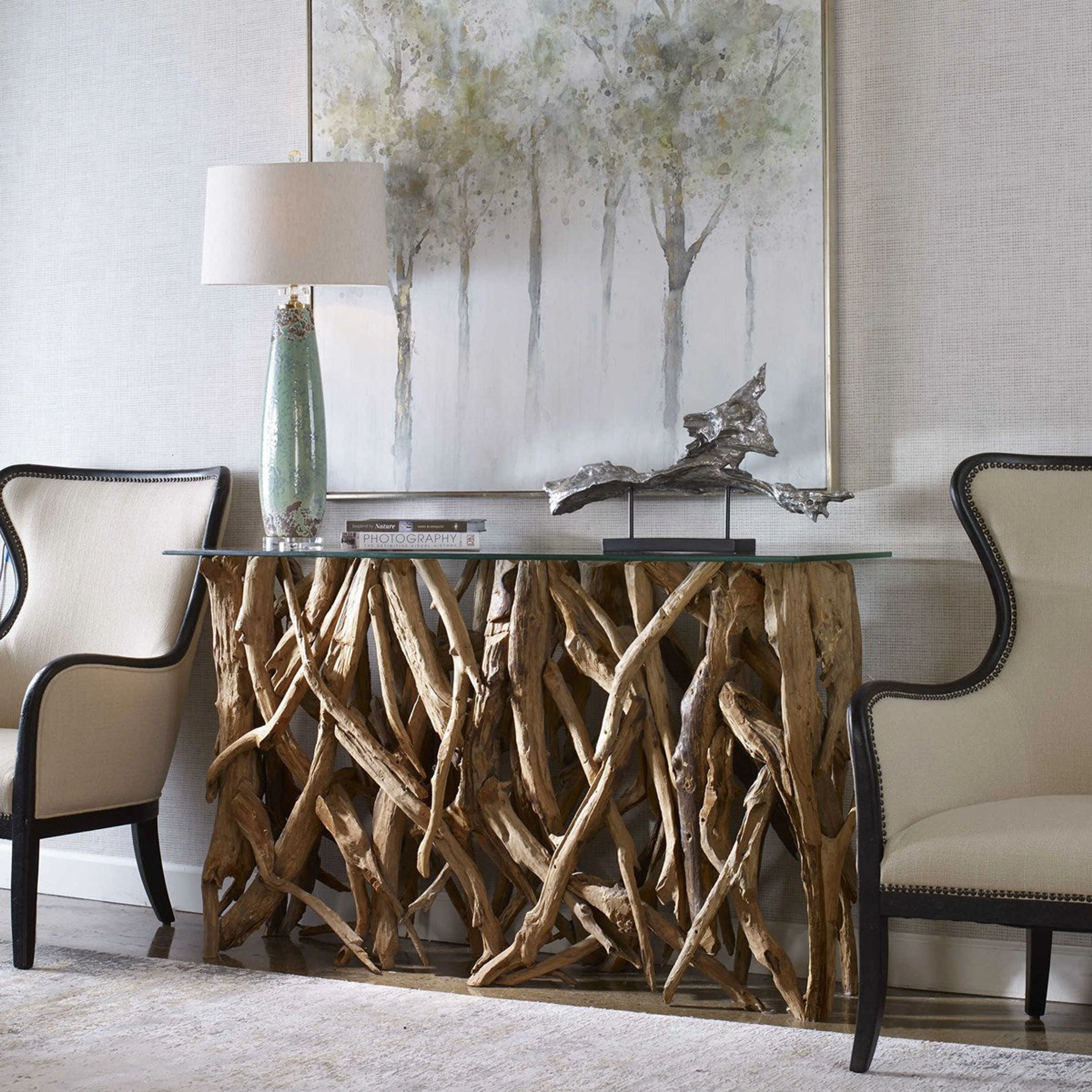 Uttermost Glass Top With Natural Sculptural Teak Wood Organic Modern Console Table