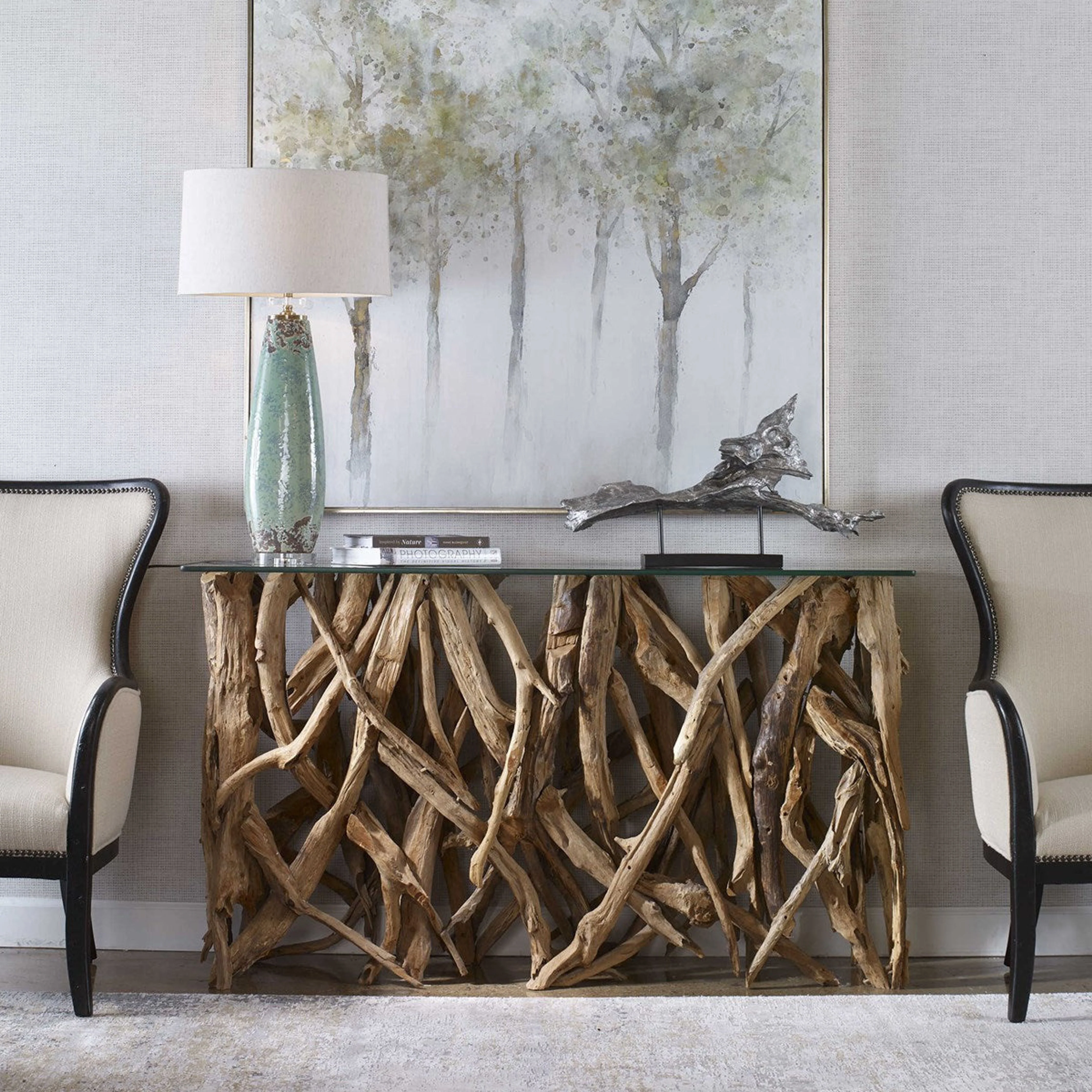 Uttermost Glass Top With Natural Sculptural Teak Wood Organic Modern Console Table - Image 2