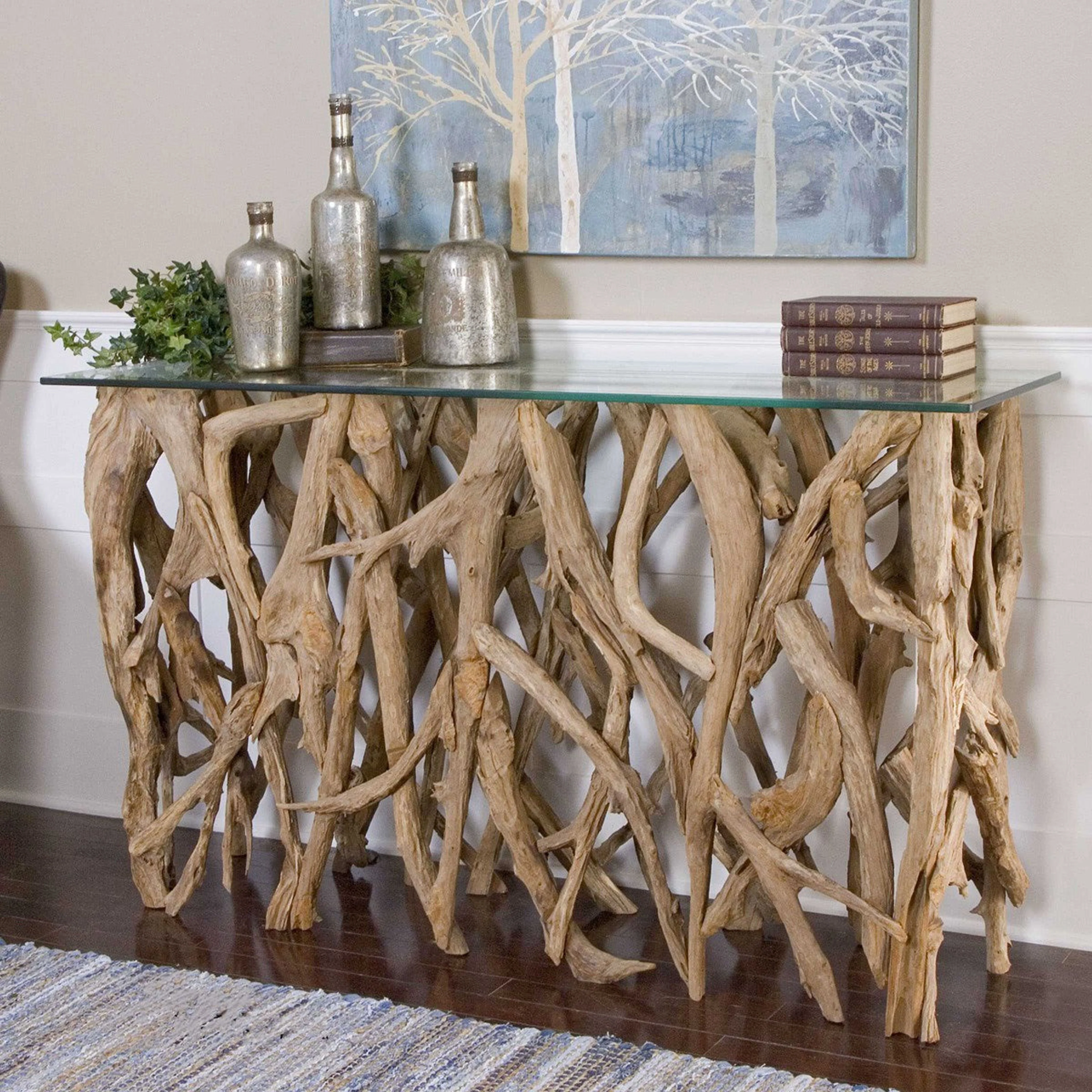 Uttermost Glass Top With Natural Sculptural Teak Wood Organic Modern Console Table - Image 4