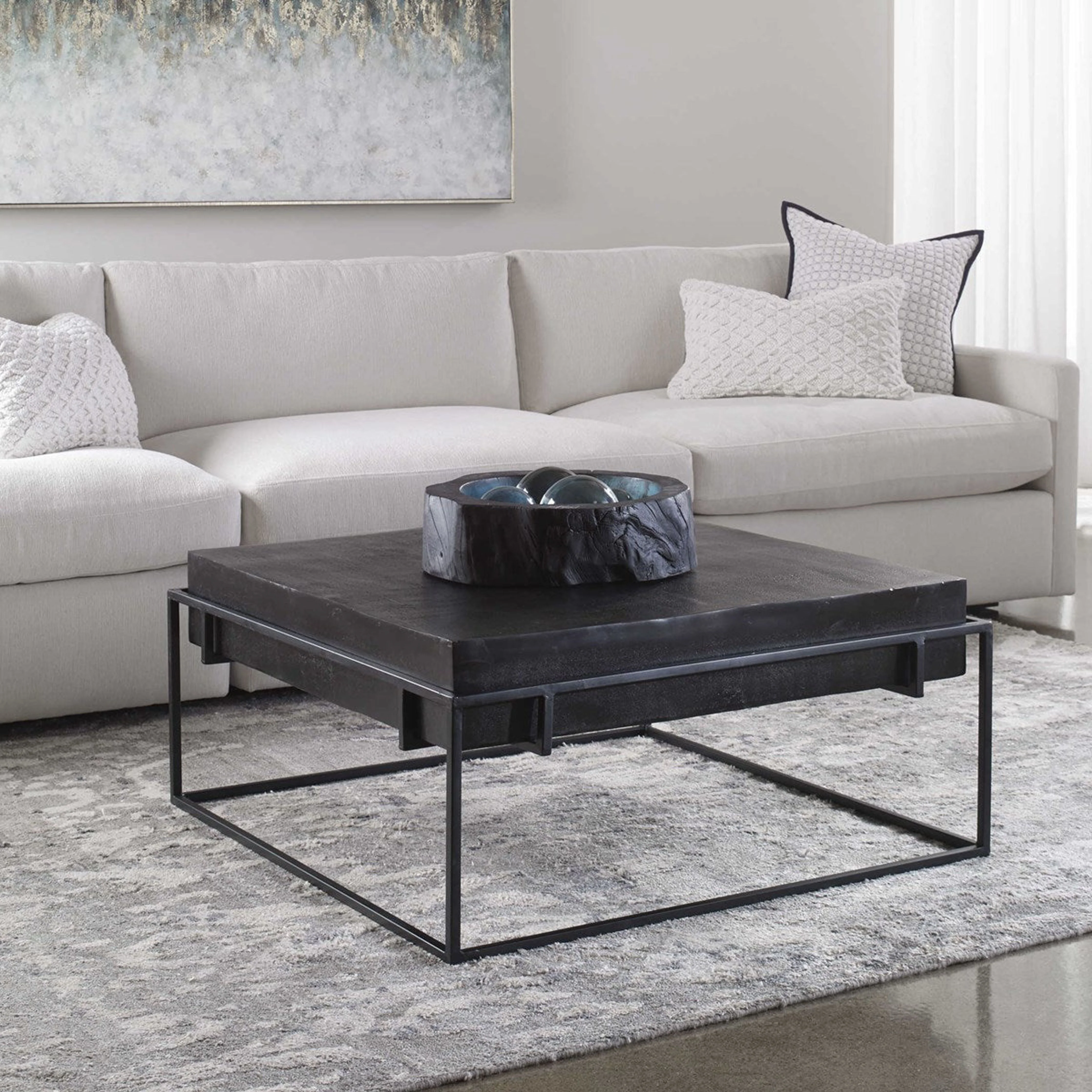 Uttermost Telone Antiqued Black Top With Aged Black Iron Base Modern Coffee Table